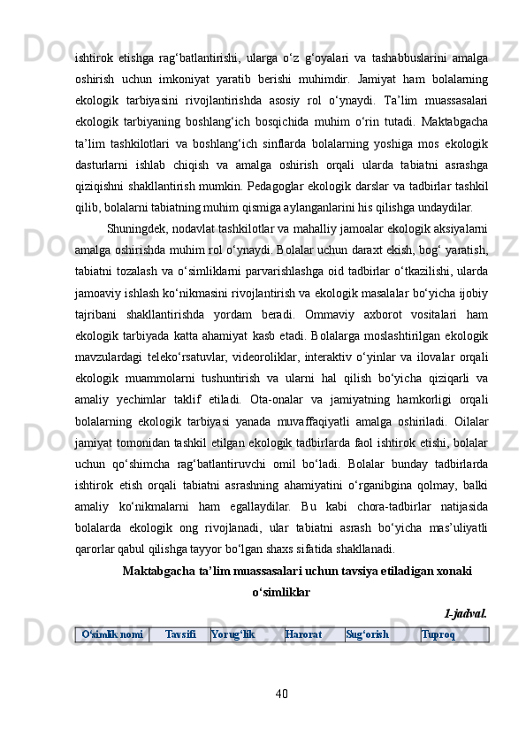 ishtirok   etishga   rag‘batlantirishi,   ularga   o‘z   g‘oyalari   va   tashabbuslarini   amalga
oshirish   uchun   imkoniyat   yaratib   berishi   muhimdir.   Jamiyat   ham   bolalarning
ekologik   tarbiyasini   rivojlantirishda   asosiy   rol   o‘ynaydi.   Ta’lim   muassasalari
ekologik   tarbiyaning   boshlang‘ich   bosqichida   muhim   o‘rin   tutadi.   Maktabgacha
ta’lim   tashkilotlari   va   boshlang‘ich   sinflarda   bolalarning   yoshiga   mos   ekologik
dasturlarni   ishlab   chiqish   va   amalga   oshirish   orqali   ularda   tabiatni   asrashga
qiziqishni  shakllantirish mumkin. Pedagoglar ekologik darslar  va tadbirlar  tashkil
qilib, bolalarni tabiatning muhim qismiga aylanganlarini his qilishga undaydilar.
Shuningdek, nodavlat tashkilotlar va mahalliy jamoalar ekologik aksiyalarni
amalga oshirishda muhim rol o‘ynaydi. Bolalar uchun daraxt ekish, bog‘ yaratish,
tabiatni  tozalash   va o‘simliklarni  parvarishlashga  oid  tadbirlar  o‘tkazilishi,  ularda
jamoaviy ishlash ko‘nikmasini rivojlantirish va ekologik masalalar bo‘yicha ijobiy
tajribani   shakllantirishda   yordam   beradi.   Ommaviy   axborot   vositalari   ham
ekologik   tarbiyada   katta   ahamiyat   kasb   etadi.   Bolalarga   moslashtirilgan   ekologik
mavzulardagi   teleko‘rsatuvlar,   videoroliklar,   interaktiv   o‘yinlar   va   ilovalar   orqali
ekologik   muammolarni   tushuntirish   va   ularni   hal   qilish   bo‘yicha   qiziqarli   va
amaliy   yechimlar   taklif   etiladi.   Ota-onalar   va   jamiyatning   hamkorligi   orqali
bolalarning   ekologik   tarbiyasi   yanada   muvaffaqiyatli   amalga   oshiriladi.   Oilalar
jamiyat tomonidan tashkil  etilgan ekologik tadbirlarda faol  ishtirok etishi, bolalar
uchun   qo‘shimcha   rag‘batlantiruvchi   omil   bo‘ladi.   Bolalar   bunday   tadbirlarda
ishtirok   etish   orqali   tabiatni   asrashning   ahamiyatini   o‘rganibgina   qolmay,   balki
amaliy   ko‘nikmalarni   ham   egallaydilar.   Bu   kabi   chora-tadbirlar   natijasida
bolalarda   ekologik   ong   rivojlanadi,   ular   tabiatni   asrash   bo‘yicha   mas’uliyatli
qarorlar qabul qilishga tayyor bo‘lgan shaxs sifatida shakllanadi. 
Maktabgacha ta’lim muassasalari uchun tavsiya etiladigan xonaki
o‘simliklar
1-jadval.O‘simlik
  nomi Tavsifi Yorug‘lik Harorat Sug‘orish Tuproq
40 