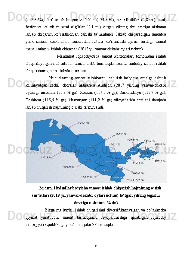 (118,3   %),   akril   asosli   bo‘yoq   va   laklar   (134,5   %),   superfosfatlar   (1,8   m.),   azot,
fosfor   va   kaliyli   mineral   o‘g‘itlar   (2,1   m.)   o‘tgan   yilning   shu   davriga   nisbatan
ishlab   chiqarish   ko‘rsatkichlari   oshishi   ta’minlandi.   Ishlab   chiqaradigan   sanoatda
yirik   sanoat   korxonalari   tomonidan   natura   ko‘rinishida   ayrim   turdagi   sanoat
mahsulotlarini ishlab chiqarish (2018 yil yanvar-dekabr oylari uchun) 
                              Mamlakat   iqtisodiyotida   sanoat   korxonalari   tomonidan   ishlab
chiqarilayotgan mahsulotlar ulushi oishb bormoqda. Bunda hududiy sanoat  ishlab
chiqarishning ham alohida o‘rni bor. 
                          Hududlarning   sanoat   salohiyatini   oshirish   bo‘yicha   amalga   oshirib
kelinayotgan   izchil   choralar   natijasida   Andijon   (2017   yilning   yanvar-dekabr
oylariga nisbatan 155,8 % ga), Xorazm (117,3 % ga), Surxondaryo (115,7 % ga),
Toshkent   (115,6   %   ga),   Namangan   (111,9   %   ga)   viloyatlarida   sezilarli   darajada
ishlab chiqarish hajmining o‘sishi ta’minlandi.  
2-rasm. Hududlar bo‘yicha sanoat ishlab chiqarish hajmining o‘sish
sur’atlari (2018 yil yanvar-dekabr oylari uchun) (o‘tgan yilning tegishli
davriga nisbatan, % da)
                         Bizga  ma’lumki, ishlab  chiqarishni  diversifikatsiyalash  va  qo‘shimcha
qiymat   yaratuvchi   sanoat   tarmoqlarini   rivojlantirishga   qaratilgan   iqtisodiy
strategiya respublikaga yaxshi natijalar keltirmoqda. 
11