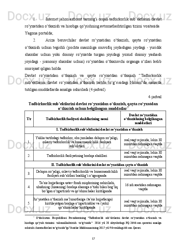 1. Internet jahon axborot tarmog‘i orqali tadbirkorlik sub’ektlarini davlat
ro‘yxatidan o‘tkazish va hisobga qo‘yishning avtomatlashtirilgan tizimi vositasida 
Yagona portalda; 
2. Ariza   beruvchilar   davlat   ro‘yxatidan   o‘tkazish,   qayta   ro‘yxatdan
o‘tkazish   uchun   tegishli   (pochta   manziliga   muvofiq   joylashgan   joydagi   -   yuridik
shaxslar   uchun   yoki   doimiy   ro‘yxatda   turgan   joyidagi   yoxud   doimiy   yashash
joyidagi   -   jismoniy   shaxslar   uchun)   ro‘yxatdan   o‘tkazuvchi   organga   o‘zlari   kelib
murojaat qilgan holda. 
Davlat   ro‘yxatidan   o‘tkazish   va   qayta   ro‘yxatdan   o‘tkazish   “Tadbirkorlik
sub’ektlarini   davlat   ro‘yxatidan   o‘tkazish   tartibi   to‘g‘risidagi   Nizom”da   nazarda
tutilgan muddatlarda amalga oshiriladi (4-jadval). 
4-jadval
Tadbirkorlik sub’ektlarini davlat ro‘yxatidan   o‘tkazish, qayta ro‘yxatdan
o‘tkazish uchun belgilangan muddatlar 7
T/r Tadbirkorlik faoliyati   shakllarining nomi Davlat ro‘yxatidan
o‘tkazishning belgilangan
muddatlari
I. Tadbirkorlik sub’ektlarini davlat ro‘yxatidan o‘tkazish
1. Yakka tartibdagi tadbirkor, shu jumladan dehqon xo‘jaligi,
oilaviy tadbirkorlik va hunarmandchilik faoliyati
sub’ektlari real vaqt rejimida, lekin 30
minutdan oshmagan vaqtda
2. Tadbirkorlik faoliyatining boshqa shakllari real vaqt rejimida, lekin 30
minutdan oshmagan vaqtda
II. Tadbirkorlik sub’ektlarini davlat ro‘yxatidan  q ayta o‘tkazish
3. Dehqon xo‘jaligi, oilaviy tadbirkorlik va hunarmandchilik
faoliyati sub’ektlari boshlig‘i o‘zgarganda real vaqt rejimida, lekin 30
minutdan oshmagan vaqtda
4. Ta’sis hujjatlariga ustav fondi miqdorining oshirilishi,
ulushning (hissaning) boshqa shaxsga o‘tishi bilan bog‘liq
bo‘lgan o‘zgartirish va qo‘shimchalar kiritilganda 16 ish soatidan oshmagan
vaqtda
5. Ro‘yxatdan o‘tkazish ma’lumotlariga (ta’sis hujjatlariga)
kiritilayotgan boshqa o‘zgartirishlar va (yoki)
qo‘shimchalar kiritilganda real vaqt rejimida, lekin 30
minutdan oshmagan vaqtda
7
  O‘zbekiston   Respublikasi   Prezidentining   "Tadbirkorlik   sub’ektlarini   davlat   ro‘yxatidan   o‘tkazish   va
hisobga   qo‘yish   tizimini     takomillashtirish     to‘g‘risida"     2016   yil   28   oktyabrdagi   PQ-2646-son   qarorini   amalga
oshirish choratadbirlari to‘g‘risida”gi Vazirlar Mahkamasining 2017 yil 9 fevraldagi 66-son Qarori. 
17