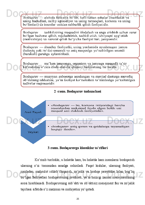 2 -rasm. Boshqaruv tushunchasi
 
 
3 - rasm. Boshqaruvga klassiklar ta’riflari
               Ko‘rinib turibdiki, u holatda ham, bu holatda ham insonlarni boshqarish
ularning   o‘zi   tomonidan   amalga   oshiriladi.   Faqat   kishilar,   ularning   faoliyati,
jumladan,   mahsulot   ishlab   chiqarish,   xo‘jalik   va   boshqa   jarayonlar   bilan   bog‘liq
bo‘lgan faoliyatlari boshqaruvning predmeti, ya’ni hozirgi zamon menejmentining
asosi hisoblanadi. Boshqaruvning sub’ekti va ob’ektisiz menejment fan va xo‘jalik
tajribasi sifatida o‘z mazmun va mohiyatini yo‘qotadi. 
25