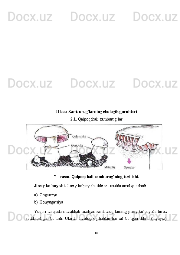 18II   bob   Zamburug'larning   ekologik   guruhlari
2.1.   Qalpoqchali   zamburug’lar
7   –   rasm.   Qalpoqchali   zamburug`ning   tuzilishi.
Jinsiy   ko’payishi.   Jinsiy   ko’payishi   ikki   xil   usulda   amalga   oshadi:
a) Oogamiya
b) Konyugatsiya
Yuqori   darajada   murakkab   tuzilgan   zamburug’larning   jinsiy   ko’payishi   biroz  
soddalashgan   bo’ladi.   Ularda   fiziologik   jihatdan   har   xil   bo’lgan   ikkita   (hujayra) 