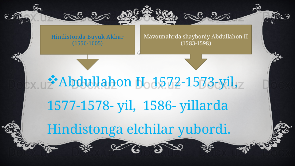 
Abdullahon II  1572-1573-yil, 
1577-1578- yil,  1586- yillarda 
Hindistonga elchilar yubordi. Hindist onda Buyuk Ak bar 
( 1556-1605) Mavounahrda shayboniy Abdullahon II 
(1583-1598) 