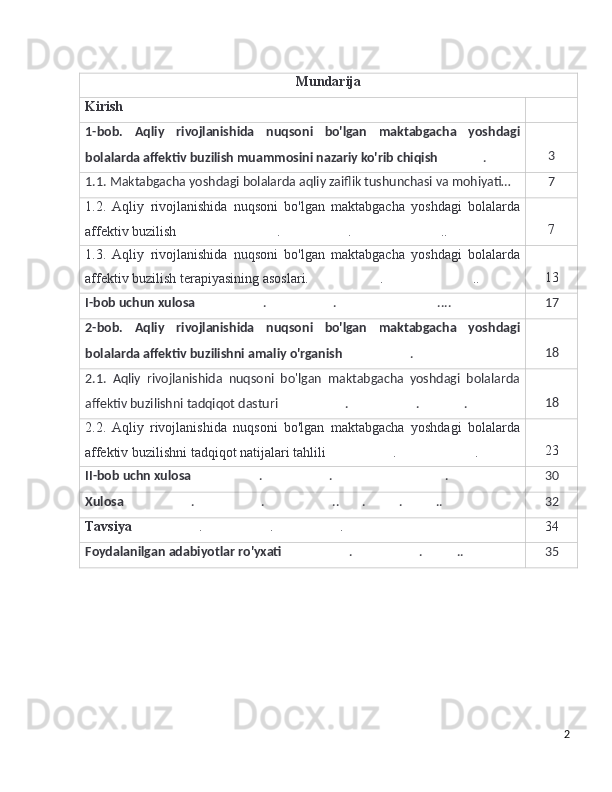 Mundarija
Kirish
1-bob.   Aqliy   rivojlanishida   nuqsoni   bo'lgan   maktabgacha   yoshdagi
bolalarda affektiv buzilish muammosini nazariy ko'rib chiqish .
 3
1.1. Maktabgacha yoshdagi bolalarda aqliy zaiflik tushunchasi va mohiyati… 7
1.2.   Aqliy   rivojlanishida   nuqsoni   bo'lgan   maktabgacha   yoshdagi   bolalarda
affektiv buzilish . . ..	
 
 
 7
1.3.   Aqliy   rivojlanishida   nuqsoni   bo'lgan   maktabgacha   yoshdagi   bolalarda
affektiv buzilish terapiyasining asoslari.  . ..	
 
 13
I-bob uchun xulosa . . ....	
 
 
 17
2-bob.   Aqliy   rivojlanishida   nuqsoni   bo'lgan   maktabgacha   yoshdagi
bolalarda affektiv buzilishni amaliy o'rganish .	
 
 18
2.1.   Aqliy   rivojlanishida   nuqsoni   bo'lgan   maktabgacha   yoshdagi   bolalarda
affektiv buzilishni tadqiqot dasturi . . .	
 
 
 18
2.2.  Aqliy   rivojlanishida   nuqsoni   bo'lgan   maktabgacha   yoshdagi   bolalarda
affektiv buzilishni tadqiqot natijalari tahlili . .	
 
 23
II-bob uchn xulosa . . .	
 
 
 30
Xulosa . . .. . . ..	
 
 
 
 
 
 32
Tavsiya . . .
 
 
 
 34
Foydalanilgan   adabiyotlar   ro ' yxati . . ..	
 
 
 35
2