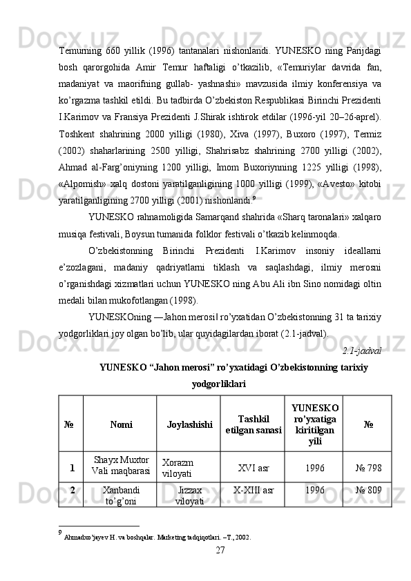 Temurning   660   yillik   (1996)   tantanalari   nishonlandi.   YUNESKO   ning   Parijdagi
bosh   qarorgohida   Amir   Temur   haftaligi   o’tkazilib,   «Temuriylar   davrida   fan,
madaniyat   va   maorifning   gullab-   yashnashi»   mavzusida   ilmiy   konferensiya   va
ko’rgazma tashkil etildi. Bu tadbirda O’zbekiston Respublikasi Birinchi Prezidenti
I.Karimov  va Fransiya  Prezidenti  J.Shirak  ishtirok  etdilar  (1996-yil   20–26-aprel).
Toshkent   shahrining   2000   yilligi   (1980),   Xiva   (1997),   Buxoro   (1997),   Termiz
(2002)   shaharlarining   2500   yilligi,   Shahrisabz   shahrining   2700   yilligi   (2002),
Ahmad   al-Farg’oniyning   1200   yilligi,   Imom   Buxoriynning   1225   yilligi   (1998),
«Alpomish»   xalq   dostoni   yaratilganligining   1000   yilligi   (1999),   «Avesto»   kitobi
yaratilganligining 2700 yilligi (2001) nishonlandi. 9
YUNESKO rahnamoligida Samarqand shahrida «Sharq taronalari» xalqaro
musiqa festivali, Boysun tumanida folklor festivali o’tkazib kelinmoqda. 
O’zbekistonning   Birinchi   Prezidenti   I.Karimov   insoniy   ideallarni
e’zozlagani,   madaniy   qadriyatlarni   tiklash   va   saqlashdagi,   ilmiy   merosni
o’rganishdagi xizmatlari uchun YUNESKO ning Abu Ali ibn Sino nomidagi oltin
medali bilan mukofotlangan (1998). 
YUNESKOning ―Jahon merosi  ro’yxatidan O’zbekistonning 31 ta tarixiy‖
yodgorliklari joy olgan bo’lib, ular quyidagilardan iborat (2.1-jadval). 
2.1-jadval 
YUNESKO “Jahon merosi” ro’yxatidagi O’zbekistonning tarixiy
yodgorliklari
№ Nomi Joylashishi Tashkil
etilgan sanasi YUNESKO
ro’yxatiga
kiritilgan
yili №
1 Shayx   Muxtor
Vali   maqbarasi Xorazm 
viloyati XVI   asr 1996 №  798
2 Xanbandi
to’g’oni Jizzax
viloyati X - XIII   asr 1996 №  809
9
  Ahmadxo’jayev H. va boshqalar. Marketing tadqiqotlari.  – T., 2002. 
27   