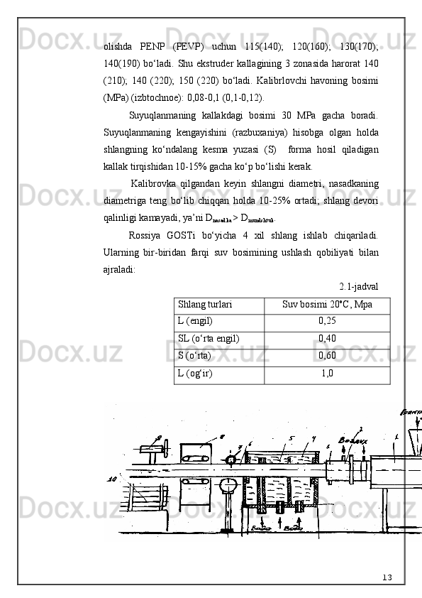 olishda   PENP   (PEVP)   uchun   115(140);   120(160);   130(170);
140(190)   bo‘ladi.   Shu  ekstruder  kallagining  3  zonasida  harorat   140
(210);   140   (220);   150   (220)   bo‘ladi.   Kalibrlovchi   havoning   bosimi
(MPa) (izbtochnoe): 0,08-0,1 (0,1-0,12).
Suyuqlanmaning   kallakdagi   bosimi   30   MPa   gacha   boradi.
Suyuqlanmaning   kengayishini   (razbuxaniya)   hisobga   olgan   holda
shlangning   ko‘ndalang   kesma   yuzasi   (S)     forma   hosil   qiladigan
kallak tirqishidan 10-15% gacha ko‘p bo‘lishi kerak.
            Kalibrovka   qilgandan   keyin   shlangni   diametri,   nasadkaning
diametriga   teng   bo‘lib   chiqqan   holda   10-25%   ortadi;   shlang   devori
qalinligi kamayadi, ya’ni D
nasadka  > D
mundshtuk .
Rossiya   GOSTi   bo‘yicha   4   xil   shlang   ishlab   chiqariladi.
Ularning   bir-biridan   farqi   suv   bosimining   ushlash   qobiliyati   bilan
ajraladi:
2.1-jadval
Shlang turlari Suv bosimi 20 o
C , Mpa
L (engil) 0,25
SL ( o‘ rta engil) 0,40
S ( o‘ rta) 0,60
L (og‘ir) 1,0
          
13 