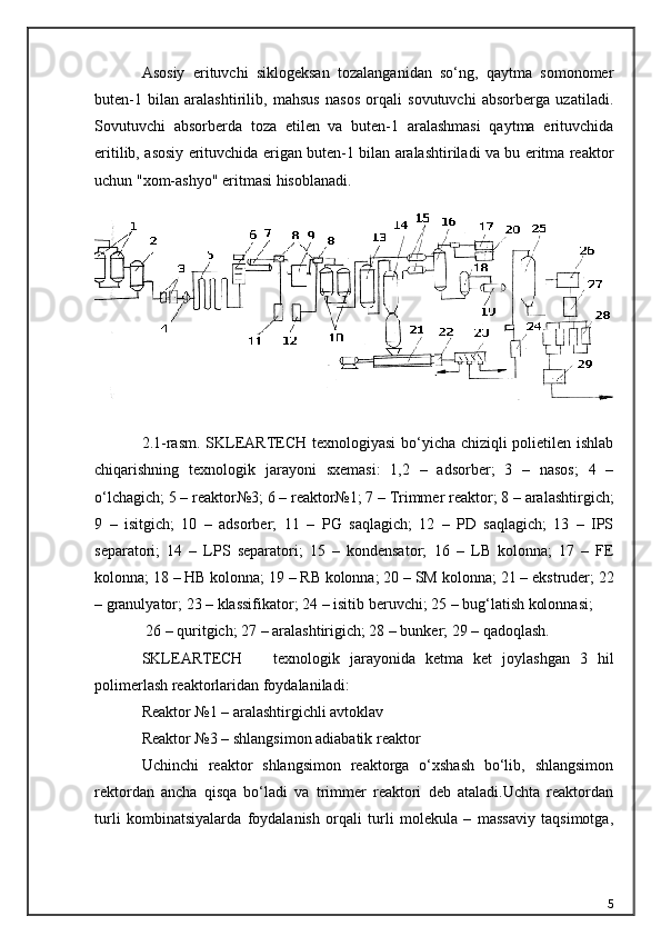 Asosiy   erituvchi   siklogeksan   tozalanganidan   sо‘ng,   qaytma   somonomer
buten-1   bilan   aralashtirilib,   mahsus   nasos   orqali   sovutuvchi   absorberga   uzatiladi.
Sovutuvchi   absorberda   toza   etilen   va   buten-1   aralashmasi   qaytma   erituvchida
eritilib, asosiy erituvchida erigan buten-1 bilan aralashtiriladi va bu eritma reaktor
uchun "xom-ashyo" eritmasi hisoblanadi.
2.1-rasm.   SKLEARTECH texnologiyasi  bо‘yicha chiziqli polietilen ishlab
chiqarishning   texnologik   jara yon i   sxemasi:   1,2   –   adsorber;   3   –   nasos;   4   –
о‘lchagich; 5 – reaktor№ 3; 6 – reaktor№1; 7 – Trimmer  reaktor; 8 – aralashtirgich;
9   –   isitgich;   10   –   adsorber;   11   –   PG   saqlagich;   12   –   PD   saqlagich;   13   –   IPS
separatori;   14   –   LPS   separatori;   15   –   kondensator;   16   –   LB   kolonna ;   17   –   FE
kolonna; 18 – HB kolonna; 19 – RB kolonna; 20 – SM  kolonna; 21 – ekstruder; 22
– granulyator; 23 – klassifikator; 24 – isi tib  beruvchi; 25 – bug‘latish kolonnasi;
 26 – quritgich; 27 – aralashtirigich; 28 – bunker; 29 – qadoqlash. 
SKLEARTECH       texnologik   jarayonida   ketma   ket   joylashgan   3   hil
polimerlash reaktorlaridan foydalaniladi:
Reaktor №1 – aralashtirgichli avtoklav
Reaktor №3 – shlangsimon adiabatik reaktor
Uchinchi   reaktor   shlangsimon   reaktorga   о‘xshash   bо‘lib,   shlangsimon
rektordan   ancha   qisqa   bо‘ladi   va   trimmer   reaktori   deb   ataladi.Uchta   reaktordan
turli   kombinatsiyalarda   foydalanish   orqali   turli   molekula   –   massaviy   taqsimotga,
5 