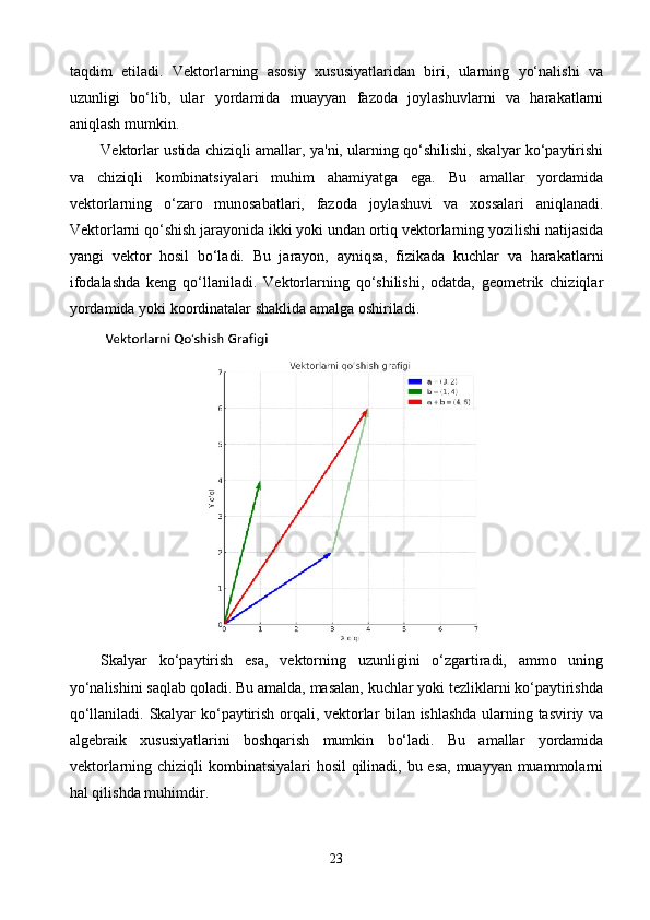 taqdim   etiladi.   Vektorlarning   asosiy   xususiyatlaridan   biri,   ularning   yo‘nalishi   va
uzunligi   bo‘lib,   ular   yordamida   muayyan   fazoda   joylashuvlarni   va   harakatlarni
aniqlash mumkin.
Vektorlar ustida chiziqli amallar, ya'ni, ularning qo‘shilishi, skalyar ko‘paytirishi
va   chiziqli   kombinatsiyalari   muhim   ahamiyatga   ega.   Bu   amallar   yordamida
vektorlarning   o‘zaro   munosabatlari,   fazoda   joylashuvi   va   xossalari   aniqlanadi.
Vektorlarni qo‘shish jarayonida ikki yoki undan ortiq vektorlarning yozilishi natijasida
yangi   vektor   hosil   bo‘ladi.   Bu   jarayon,   ayniqsa,   fizikada   kuchlar   va   harakatlarni
ifodalashda   keng   qo‘llaniladi.   Vektorlarning   qo‘shilishi,   odatda,   geometrik   chiziqlar
yordamida yoki koordinatalar shaklida amalga oshiriladi.
Skalyar   ko‘paytirish   esa,   vektorning   uzunligini   o‘zgartiradi,   ammo   uning
yo‘nalishini saqlab qoladi. Bu amalda, masalan, kuchlar yoki tezliklarni ko‘paytirishda
qo‘llaniladi. Skalyar ko‘paytirish orqali, vektorlar bilan ishlashda ularning tasviriy va
algebraik   xususiyatlarini   boshqarish   mumkin   bo‘ladi.   Bu   amallar   yordamida
vektorlarning chiziqli  kombinatsiyalari  hosil  qilinadi, bu esa,  muayyan muammolarni
hal qilishda muhimdir.
23 