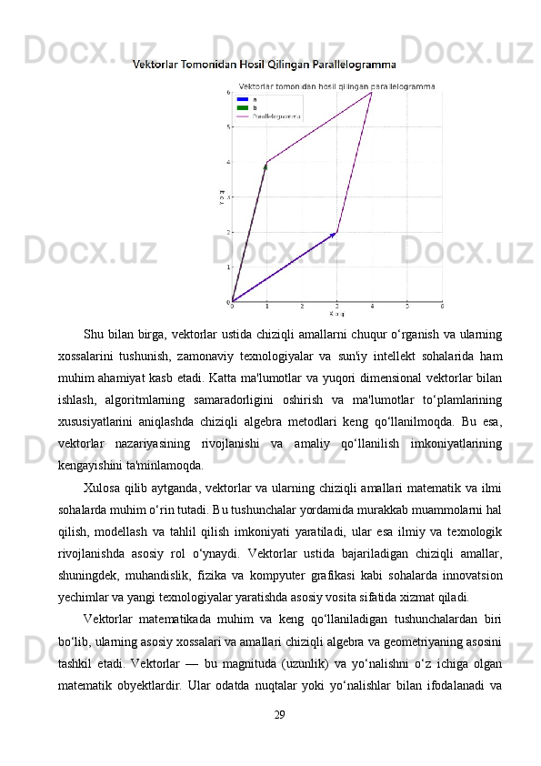 Shu bilan birga, vektorlar ustida chiziqli  amallarni chuqur o‘rganish va ularning
xossalarini   tushunish,   zamonaviy   texnologiyalar   va   sun'iy   intellekt   sohalarida   ham
muhim ahamiyat kasb etadi. Katta ma'lumotlar va yuqori dimensional  vektorlar bilan
ishlash,   algoritmlarning   samaradorligini   oshirish   va   ma'lumotlar   to‘plamlarining
xususiyatlarini   aniqlashda   chiziqli   algebra   metodlari   keng   qo‘llanilmoqda.   Bu   esa,
vektorlar   nazariyasining   rivojlanishi   va   amaliy   qo‘llanilish   imkoniyatlarining
kengayishini ta'minlamoqda.
Xulosa qilib aytganda, vektorlar va ularning chiziqli amallari  matematik va ilmi
sohalarda muhim o‘rin tutadi. Bu tushunchalar yordamida murakkab muammolarni hal
qilish,   modellash   va   tahlil   qilish   imkoniyati   yaratiladi,   ular   esa   ilmiy   va   texnologik
rivojlanishda   asosiy   rol   o‘ynaydi.   Vektorlar   ustida   bajariladigan   chiziqli   amallar,
shuningdek,   muhandislik,   fizika   va   kompyuter   grafikasi   kabi   sohalarda   innovatsion
yechimlar va yangi texnologiyalar yaratishda asosiy vosita sifatida xizmat qiladi.
Vektorlar   matematikada   muhim   va   keng   qo‘llaniladigan   tushunchalardan   biri
bo‘lib, ularning asosiy xossalari va amallari chiziqli algebra va geometriyaning asosini
tashkil   etadi.   Vektorlar   —   bu   magnituda   (uzunlik)   va   yo‘nalishni   o‘z   ichiga   olgan
matematik   obyektlardir.   Ular   odatda   nuqtalar   yoki   yo‘nalishlar   bilan   ifodalanadi   va
29 
