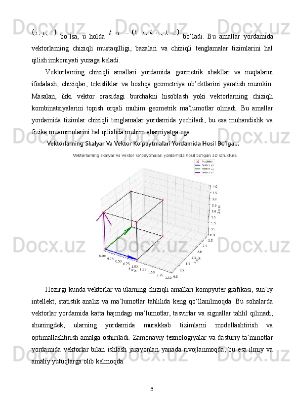   bo‘lsa,   u   holda     bo‘ladi.   Bu   amallar   yordamida
vektorlarning   chiziqli   mustaqilligi,   bazalari   va   chiziqli   tenglamalar   tizimlarini   hal
qilish imkoniyati yuzaga keladi.
Vektorlarning   chiziqli   amallari   yordamida   geometrik   shakllar   va   nuqtalarni
ifodalash,   chiziqlar,   tekisliklar   va   boshqa   geometriya   ob’ektlarini   yaratish   mumkin.
Masalan,   ikki   vektor   orasidagi   burchakni   hisoblash   yoki   vektorlarning   chiziqli
kombinatsiyalarini   topish   orqali   muhim   geometrik   ma’lumotlar   olinadi.   Bu   amallar
yordamida   tizimlar   chiziqli   tenglamalar   yordamida   yechiladi,   bu   esa   muhandislik   va
fizika muammolarini hal qilishda muhim ahamiyatga ega.
Hozirgi kunda vektorlar va ularning chiziqli amallari kompyuter grafikasi, sun’iy
intellekt,   statistik   analiz   va   ma’lumotlar   tahlilida   keng   qo‘llanilmoqda.   Bu   sohalarda
vektorlar  yordamida katta hajmdagi  ma’lumotlar, tasvirlar  va signallar  tahlil  qilinadi,
shuningdek,   ularning   yordamida   murakkab   tizimlarni   modellashtirish   va
optimallashtirish amalga oshiriladi. Zamonaviy texnologiyalar va dasturiy ta’minotlar
yordamida   vektorlar   bilan   ishlash   jarayonlari   yanada   rivojlanmoqda,   bu   esa   ilmiy   va
amaliy yutuqlarga olib kelmoqda.
6 