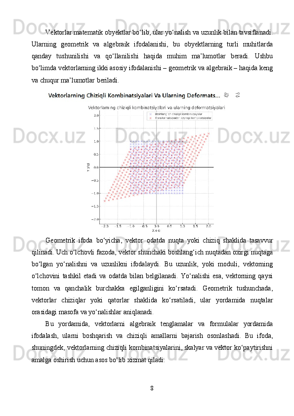 Vektorlar matematik obyektlar bo‘lib, ular yo‘nalish va uzunlik bilan tavsiflanadi.
Ularning   geometrik   va   algebraik   ifodalanishi,   bu   obyektlarning   turli   muhitlarda
qanday   tushunilishi   va   qo‘llanilishi   haqida   muhim   ma’lumotlar   beradi.   Ushbu
bo‘limda vektorlarning ikki asosiy ifodalanishi – geometrik va algebraik – haqida keng
va chuqur ma’lumotlar beriladi.
Geometrik   ifoda   bo‘yicha,   vektor   odatda   nuqta   yoki   chiziq   shaklida   tasavvur
qilinadi. Uch o‘lchovli fazoda, vektor shunchaki boshlang‘ich nuqtadan oxirgi nuqtaga
bo‘lgan   yo‘nalishni   va   uzunlikni   ifodalaydi.   Bu   uzunlik,   yoki   moduli,   vektorning
o‘lchovini   tashkil   etadi   va   odatda   bilan   belgilanadi.   Yo‘nalishi   esa,   vektorning   qaysi
tomon   va   qanchalik   burchakka   egilganligini   ko‘rsatadi.   Geometrik   tushunchada,
vektorlar   chiziqlar   yoki   qatorlar   shaklida   ko‘rsatiladi,   ular   yordamida   nuqtalar
orasidagi masofa va yo‘nalishlar aniqlanadi.
Bu   yordamida,   vektorlarni   algebraik   tenglamalar   va   formulalar   yordamida
ifodalash,   ularni   boshqarish   va   chiziqli   amallarni   bajarish   osonlashadi.   Bu   ifoda,
shuningdek, vektorlarning chiziqli kombinatsiyalarini, skalyar va vektor ko‘paytirishni
amalga oshirish uchun asos bo‘lib xizmat qiladi.
8 