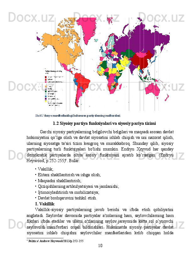 Shakl  1   dunyo mamlkatlaridagi hukumron partiyalarning mafkuralari
1.2   Siyoisy partiya funksiyalari va siyosiy pariya tizimi
     Garchi siyosiy partiyalarning belgilovchi belgilari va maqsadi asosan davlat
hokimiyatini qo’lga olish va davlat siyosatini  ishlab chiqish va uni nazorat qilish,
ularning   siyosatga   ta'siri   tizim   kengroq   va   murakkabroq.   Shunday   qilib,   siyosiy
partiyalarning   turli   funktsiyalari   bo'lishi   mumkin.   Endryu   Xeyvud   har   qanday
demokratik   partiyalarda   oltita   asosiy   funktsiyani   ajratib   ko’rsatgan.   (Endryu
Heywood, p.252-255) 4
. Bular:
• Vakillik;
• Elitani shakllantirish va ishga olish;
• Maqsadni shakllantirish;
• Qiziqishlarning artikulyatsiyasi va jamlanishi;
• Ijtimoiylashtirish va mobilizatsiya;
• Davlat boshqaruvini tashkil etish.
I. Vakillik
Vakillik-siyosiy   partiyalarning   javob   berishi   va   ifoda   etish   qobiliyatini
anglatadi.   Saylovlar   davomida   partiyalar   a'zolarning   ham,   saylovchilarning   ham
fikrlari   ifoda   etadilar   va   ularni   o'zlarining   saylov   jarayonida   katta   rol   o’ynovchi
saylovoldi   manifestlari   orqali   bildirishlari.   Hukumatda   siyosiy   partiyalar   davlat
siyosatini   ishlab   chiqishni   saylovchilar   manfaatlaridan   kelib   chiqqan   holda
4
 Politics/ Andrew Heywood/2013/p.252-255
10 