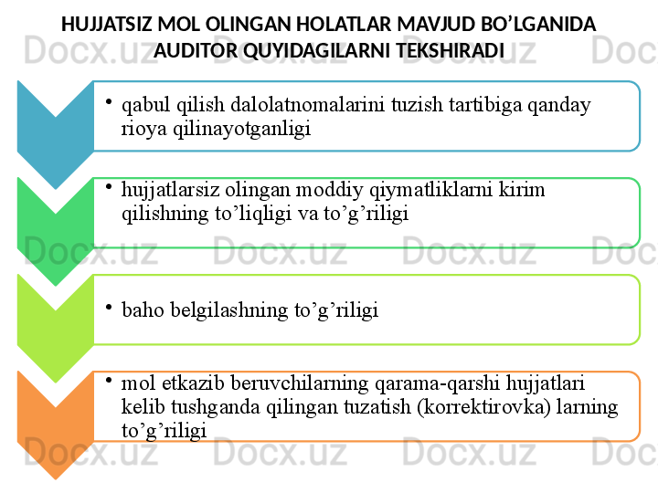 HUJJATSIZ MOL OLINGAN HOLATLAR MAVJUD BO’LGANIDA 
AUDITOR QUYIDAGILARNI TEKS H IRADI
•
qabul qilish dalolatnomalarini tuzish tartibiga qanday 
rioya qilinayotganligi 
•
hujjatlarsiz olingan moddiy qiymatliklarni kirim 
qilishning to’liqligi va to’g’riligi 
•
baho belgilashning to’g’riligi 
•
mol etkazib beruvchilarning qarama-qarshi hujjatlari 
kelib tushganda qilingan tuzatish (korrektirovka) larning 
to’g’riligi