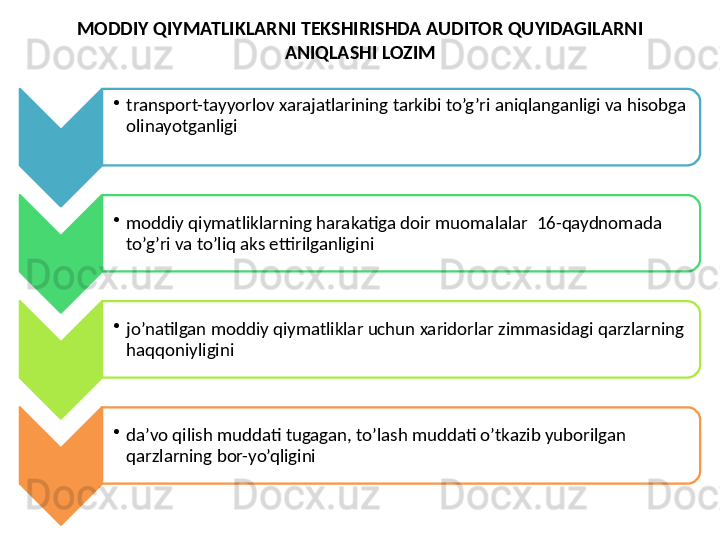 MODDIY QIYMATLIKLARNI TEKSHIRISHDA AUDITOR QUYIDAGILARNI 
ANIQLASHI LOZIM
•
transport-tayyorlov xarajatlarining tarkibi to’g’ri aniqlanganligi va hisobga 
olinayotganligi 
•
moddiy qiymatliklarning harakatiga doir muomalalar  16-qaydnomada 
to’g’ri va to’liq aks ettirilganligini 
•
jo’natilgan moddiy qiymatliklar uchun xaridorlar zimmasidagi qarzlarning 
haqqoniyligini 
•
da’vo qilish muddati tugagan, to’lash muddati o’tkazib yuborilgan 
qarzlarning bor-yo’qligini      