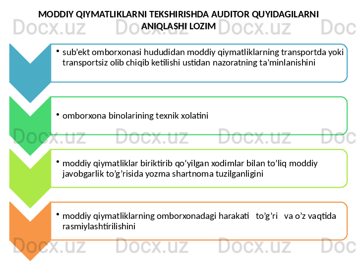 MODDIY QIYMATLIKLARNI TEKSHIRISHDA AUDITOR QUYIDAGILARNI 
ANIQLASHI LOZIM
•
sub’ekt omborxonasi hududidan moddiy qiymatliklarning transportda yoki 
transportsiz olib chiqib ketilishi ustidan nazoratning ta’minlanishini 
•
omborxona binolarining texnik xolatini 
•
moddiy qiymatliklar biriktirib qo’yilgan xodimlar bilan to’liq moddiy 
javobgarlik to’g’risida yozma shartnoma tuzilganligini 
•
moddiy qiymatliklarning omborxonadagi harakati   to’g’ri   va o’z vaqtida 
rasmiylashtirilishini      