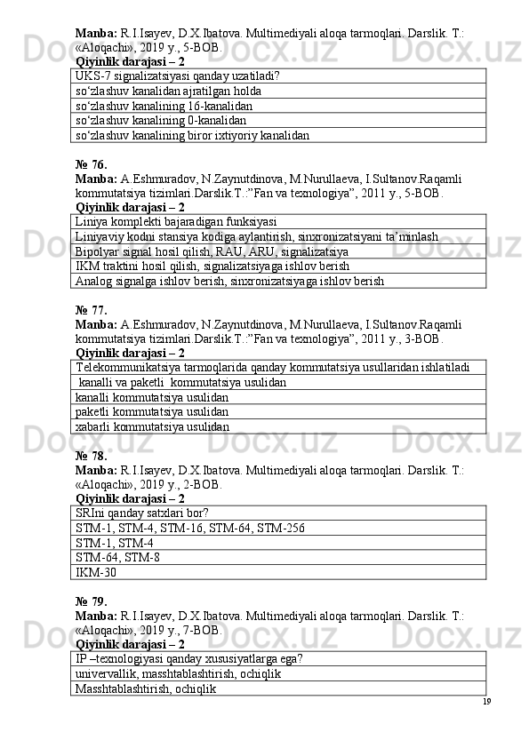 Manba:  R.I.Isayev, D.X.Ibatova. Multimediyali aloqa tarmoqlari. Darslik. T.: 
«Aloqachi», 2019 y., 5-BOB.
Qiyinlik darajasi –  2
UKS-7 signalizatsiyasi qanday uzatiladi?
so‘zlashuv kanalidan ajratilgan holda
so‘zlashuv kanalining 16-kanalidan
so‘zlashuv kanalining 0-kanalidan
so‘zlashuv kanalining biror ixtiyoriy kanalidan
№ 76.
Manba:  A.Eshmuradov, N.Zaynutdinova, M.Nurullaeva, I.Sultanov.Ra qamli 
kommutatsiya tizimlari.Darslik.T.:”Fan va texnologiya”, 2011 y.,  5 -ВОВ.
Qiyinlik darajasi –  2
Liniya komplekti bajaradigan funksiyasi
Liniyaviy kodni stansiya kodiga aylantirish, sinxronizatsiyani ta’minlash
Bipolyar signal hosil qilish, RAU, ARU, signalizatsiya
IKM traktini hosil qilish, signalizatsiyaga ishlov berish
Analog signalga ishlov berish, sinxronizatsiyaga ishlov berish
№ 77.
Manba:  A.Eshmuradov, N.Zaynutdinova, M.Nurullaeva, I.Sultanov.Ra qamli 
kommutatsiya tizimlari.Darslik.T.:”Fan va texnologiya”, 2011 y.,  3 -ВОВ.
Qiyinlik darajasi –  2
Telekommunikatsiya tarmoqlarida qanday kommutatsiya usullaridan ishlatiladi
 kanalli va paketli  kommutatsiya usulidan
kanalli kommutatsiya usulidan
paketli kommutatsiya usulidan
xabarli kommutatsiya usulidan
№ 7 8 .
Manba:  R.I.Isayev, D.X.Ibatova. Multimediyali aloqa tarmoqlari. Darslik. T.: 
«Aloqachi», 2019 y., 2-BOB.  
Qiyinlik darajasi – 2
SRIni qanday satxlari bor?
STM -1,  STM -4,  STM -16,  STM -64,  STM -256
STM -1,  STM -4
STM -64,  STM -8
IKM-30
№ 7 9 .
Manba:  R.I.Isayev, D.X.Ibatova. Multimediyali aloqa tarmoqlari. Darslik. T.: 
«Aloqachi», 2019 y., 7-BOB.
Qiyinlik darajasi – 2
IP –texnologiyasi qanday xususiyatlarga ega?
univervallik, masshtablashtirish, ochiqlik
Masshtablashtirish, ochiqlik
19 