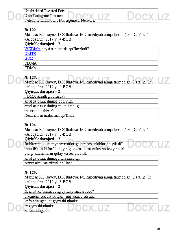 Unshielded Twisted Pair
User Datagram Protocol
Telecommunications Management Network
№  1 2 2 .
Manba:  R.I.Isayev, D.X.Ibatova. Multimediyali aloqa tarmoqlari. Darslik. T.: 
«Aloqachi», 2019 y., 4-BOB.
Qiyinlik darajasi –  2
WCDMA  qaysi standartda qo‘llaniladi?
UMTS
GSM
CDMA
TDMA
№  1 2 3 .
Manba:  R.I.Isayev, D.X.Ibatova. Multimediyali aloqa tarmoqlari. Darslik. T.: 
«Aloqachi», 2019 y., 4-BOB.
Qiyinlik darajasi –  2
FDMA afzalligi nimada?
amalga oshirishning oddiyligi
amalga oshirishning murakkabligi
masshtablashtirish
Resurslarni maksimal qo‘llash
№  1 2 4 .
Manba:  R.I.Isayev, D.X.Ibatova. Multimediyali aloqa tarmoqlari. Darslik. T.: 
«Aloqachi», 2019 y., 3-BOB.
Qiyinlik darajasi –  2
Infokommunikatsiya xizmatlariga qanday talablar qo‘yiladi?
mobillik, sifat kafolati, yangi xizmatlarni qulay va tez yaratish
yangi xizmatlarni qulay va tez yaratish
amalga oshirishning murakkabligi
resurslarni maksimal qo‘llash
№  1 2 5 .
Manba:  R.I.Isayev, D.X.Ibatova. Multimediyali aloqa tarmoqlari. Darslik. T.: 
«Aloqachi», 2019 y., 3-BOB.
Qiyinlik darajasi –  2
Xizmat ko‘rsatishning qanday sinflari bor?
premium, kafolatlangan, eng yaxshi ulanish
kafolatlangan, eng yaxshi ulanish
eng yaxshi ulanish
kafolatlangan
30 