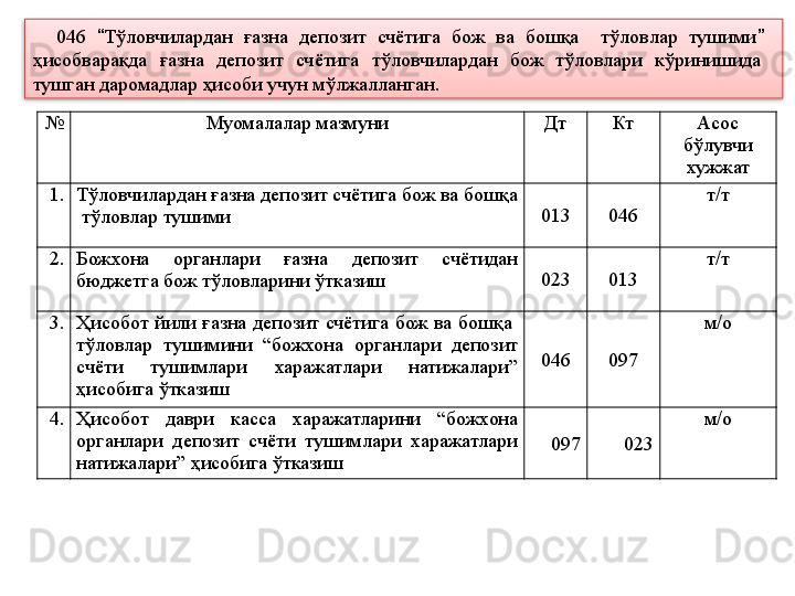 № Муомалалар мазмуни Дт Кт Асос 
бўлувчи 
хужжат
1. Тўловчилардан ғазна депозит счётига бож ва бошқа 
 тўловлар тушими 013 046 т/т
2. Божхона  органлари  ғазна  депозит  счётидан 
бюджетга бож тўловларини ўтказиш 023 013 т/т
3. Ҳисобот йили ғазна депозит счётига  бож ва  бошқа  
тўловлар  тушимини  “божхона  органлари  депозит 
счёти  тушимлари  харажатлари  натижалари” 
ҳисобига ўтказиш 046 097 м/о
4. Ҳисобот  даври  касса  харажатларини  “божхона 
органлари  депозит  счёти  тушимлари  харажатлари 
натижалари” ҳисобига ўтказиш 097 023 м/о046  “ Тўловчилардан  ғазна  депозит  счётига  бож  ва  бошқа    тўловлар  тушими ”    
ҳисобварақда  ғазна  депозит  счётига  тўловчилардан  бож  тўловлари  кўринишида   
тушган даромадлар ҳисоби учун мўлжалланган.  