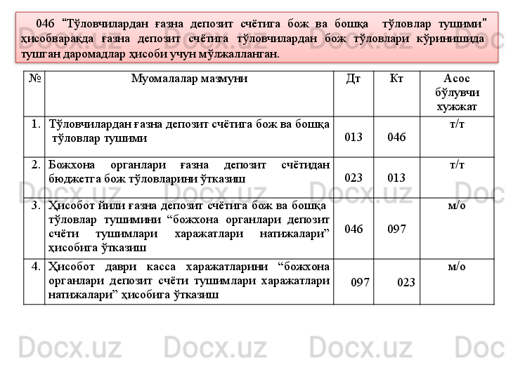 № Муомалалар мазмуни Дт Кт Асос 
бўлувчи 
хужжат
1. Тўловчилардан ғазна депозит счётига бож ва бошқа 
 тўловлар тушими 013 046 т/т
2. Божхона  органлари  ғазна  депозит  счётидан 
бюджетга бож тўловларини ўтказиш 023 013 т/т
3. Ҳисобот йили ғазна депозит счётига  бож ва  бошқа  
тўловлар  тушимини  “божхона  органлари  депозит 
счёти  тушимлари  харажатлари  натижалари” 
ҳисобига ўтказиш 046 097 м/о
4. Ҳисобот  даври  касса  харажатларини  “божхона 
органлари  депозит  счёти  тушимлари  харажатлари 
натижалари” ҳисобига ўтказиш 097 023 м/о046  “ Тўловчилардан  ғазна  депозит  счётига  бож  ва  бошқа    тўловлар  тушими ”    
ҳисобварақда  ғазна  депозит  счётига  тўловчилардан  бож  тўловлари  кўринишида   
тушган даромадлар ҳисоби учун мўлжалланган.