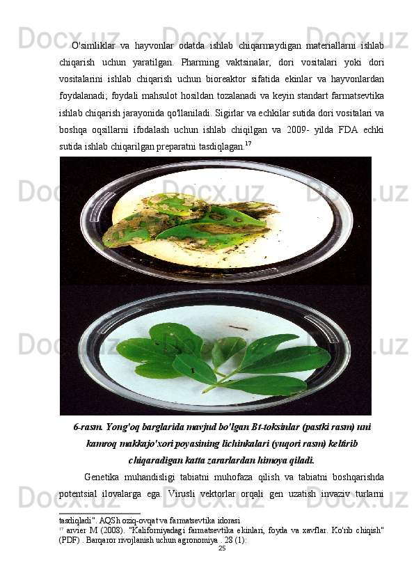 25O'simliklar   va   hayvonlar   odatda   ishlab   chiqarmaydigan   materiallarni   ishlab
chiqarish   uchun   yaratilgan.   Pharming   vaktsinalar,   dori   vositalari   yoki   dori
vositalarini   ishlab   chiqarish   uchun   bioreaktor   sifatida   ekinlar   va   hayvonlardan
foydalanadi; foydali mahsulot hosildan tozalanadi va keyin standart farmatsevtika
ishlab chiqarish jarayonida qo'llaniladi. Sigirlar va echkilar sutida dori vositalari va
boshqa   oqsillarni   ifodalash   uchun   ishlab   chiqilgan   va   2009-   yilda   FDA   echki
sutida ishlab chiqarilgan preparatni tasdiqlagan. 17
6-rasm. Yong'oq barglarida mavjud bo'lgan Bt-toksinlar (pastki rasm) uni
kamroq makkajo'xori poyasining lichinkalari (yuqori rasm) keltirib
chiqaradigan katta zararlardan himoya qiladi.
Genetika   muhandisligi   tabiatni   muhofaza   qilish   va   tabiatni   boshqarishda
potentsial   ilovalarga   ega.   Virusli   vektorlar   orqali   gen   uzatish   invaziv   turlarni
tasdiqladi". AQSh oziq-ovqat va farmatsevtika idorasi
17
  arvier   M   (2008).   "Kaliforniyadagi   farmatsevtika   ekinlari,   foyda   va   xavflar.   Ko'rib   chiqish"
(PDF) . Barqaror rivojlanish uchun agronomiya . 28 (1): 