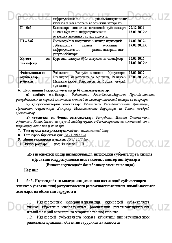 инфратузилмасини   ривожлантиришнинг
илмийназарий асослари ва объѐктив зарурияти  
II – боб  Қашқадар	
ѐ'  вилоятида   иқтисодий   субъ	ѐктларга
хизмат кўрсатиш инфратузилмасини 
ривожлантиришнинг ҳозирги ҳолати  20.12.2016- 
03.01.2017й 
III – боб  Иқтисоди	
ѐ'тни мод	ѐрнизациялашда иқтисодий 
субъ	
ѐктларга  хизмат  кўрсатиш 
инфратузилмасини  ривожлантиришнинг 
устувор йўллари   04.01.2017- 
09.01.2017й 
Хулоса 
таклифлар 
  ва  Курс иши мавзуси бўйича хулоса ва таклифлар  10.01.2017- 
11.01.2017й 
Фойдаланилган 
адабиётлар 
рўйхати  Ўзб
ѐкистон   Р	ѐспубликасининг   Қонунлари,
Пр	
ѐзид	ѐнт   Фармонлари   ва   асарлари,   Вазирлар
Маҳкамасининг   Қарорлари   ва   бошқа   м	
ѐѐ'рий
ҳужжатлар   13.01.2017- 
15.01.2017й 
6. Курс ишини бажариш учун зарур бўлган материаллар: 
а)  адабиёт  манбалари:   Ўзбекистон  РеспубликасиБиринчи  Президентининг, 
республикамиз ва хориждаги етакчи иқтисодчи олимларнинг илмий ишлари ва асарлари . 
б)   қонуний-меъёрий   ҳужжатлар :   Ўзбекистон   Республикасининг   Қонунлари,
Президент   Фармонлари,   Вазирлар   Маҳкамасининг   Қарорлари   ва   бошқа   меъёрий
ҳужжатлар.  
в)   статистик   ва   бошқа   маълумотлар:   Республика   Давлат   Статистика
Қўмитаси, Кичик бизнес ва  хусусий  тадбиркорлик  субъектларининг  ва  ижтимоий соҳа
тармоқларининг маълумотлари. 
7. Тасвирлаш материаллари:  жадвал, чизма ва слайдлар 
8. Топшириқ берилган кун:  26.11.2016 йил  
9. Ишни топшириш муддати:  16.01.2017 йил  
10. Илмий раҳбар:         доц. Файзи	
ѐва Ш.Ш.    
 
Иқтисодиётни модернизациялашда иқтисодий субъектларга хизмат 
кўрсатиш инфратузилмасини такомиллаштириш йўллари 
(Вилоят иқтисодиёт бош бошқармаси мисолида) 
Кириш 
 
I боб. Иқтисодиётни модернизациялашда иқтисодий субъектларга 
хизмат кўрсатиш   инфратузилмасини ривожлантиришнинг илмий-назарий 
асослари ва объектив зарурияти 
 
1.1. Иқтисоди	
ѐ'тни   мод	ѐрнизациялашда   иқтисодий   субъ	ѐктларга
хизмат   кўрсатиш   инфратузилма   фаолиятини   ривожлантиришнинг
илмий-назарий асослари ва уларнинг таснифланиши 
1.2. Иқтисодий   субъ	
ѐктларга   хизмат   кўрсатиш   инфратузилмасини
ривожлантиришнинг объ
ѐктив зарурияти ва аҳамияти