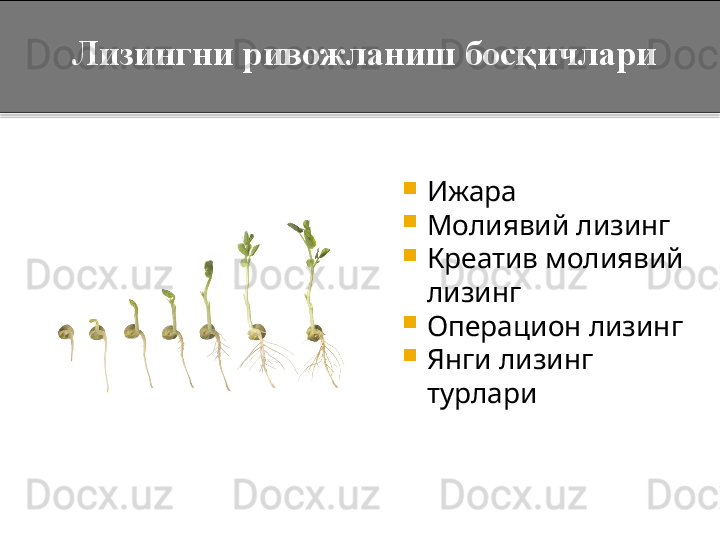 Лизингни ривожланиш босқичлари

Ижара

Молиявий лизинг

Креатив молиявий 
лизинг

Операцион лизинг

Янги лизинг 
турлари  