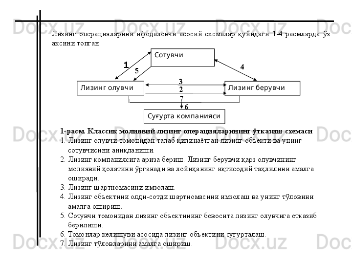            Лизинг  операцияларини  ифодаловчи  асосий  схемалар  қуйидаги  1-4  расмларда  ўз 
аксини топган.
Соту вч и
Су ғ у рта к ом пани ясиЛи зи нг олу вч и
Ли зинг беру вч и
1-расм. Классик молиявий лизинг операцияларининг ўтказиш схемаси 
1. Лизинг олувчи томонидан талаб қилинаётган лизинг объекти ва унинг  
     сотувчисини аниқланиши.
2. Лизинг компаниясига ариза бериш. Лизинг берувчи қарз олувчининг 
     молиявий ҳолатини ўрганади ва лойиҳанинг иқтисодий таҳлилини амалга  
     оширади.
3. Лизинг шартномасини имзолаш.
4. Лизинг объектини олди-сотди шартномасини имзолаш ва унинг тўловини 
     амалга ошириш.
5. Сотувчи томонидан лизинг объектининг бевосита лизинг олувчига етказиб 
     берилиши. 
6. Томонлар келишуви асосида лизинг объектини суғурталаш.
7. Лизинг тўловларини амалга ошириш. 1  
5  
3  
2  
7   4  
6   