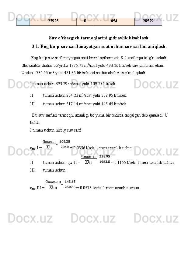 27925  0  654  28579 
 
Suv o’tkazgich tarmoqlarini gidravlik hisoblash.
3,1. Eng ko’p suv sarflanayotgan soat uchun suv sarfini aniqlash.
 Eng ko’p suv sarflanayotgan soat bizni loyihamizda 8-9 soatlarga to’g’ri keladi. 
Shu soatda shahar bo’yicha 1775.72 m 3
/soat yoki 493.26 litr/sek suv sarflanar ekan. 
Undan 1734.66 m3 yoki 481.85 litr/sekund shahar aholisi iste’mol qiladi. 
I tuman uchun 393.29 m 3
/soat yoki 109.25 litr/sek. 
II tuman uchun 824.23 m 3
/soat yoki 228.95 litr/sek. 
III tuman uchun 517.14 m 3
/soat yoki 143.65 litr/sek.  
  Bu suv sarflari tarmoqni uzunligi bo’yicha bir tekisda tarqalgan deb qaraladi. U 
holda  
I tuman uchun nisbiy suv sarfi 
q
nis -I =  = 0.0536 l/sek. 1 metr uzunlik uchun. 
II tuman uchun: q
nis -II =   = 0.1155 l/sek. 1 metr uzunlik uchun.
III tuman uchun: 
q
nis -III =   = 0.0573 l/sek. 1 metr uzunlik uchun. =  
 =
 = 