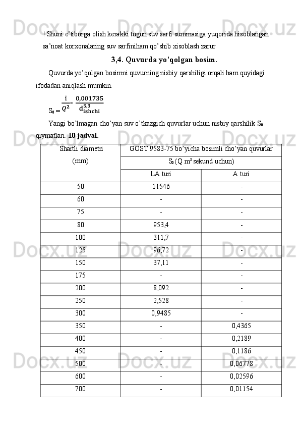 ! Shuni   e’tiborga olish kerakki tugun suv sarfi summasiga yuqorida hisoblangan 
sa’noat korxonalaring suv sarfiniham qo’shib xisoblash zarur
3,4. Quvurda yo’qolgan bosim.
 Quvurda yo’qolgan bosimni quvurning nisbiy qarshiligi orqali ham quyidagi 
ifodadan aniqlash mumkin. 
  S
0  =   
 Yangi bo’lmagan cho’yan suv o’tkazgich quvurlar uchun nisbiy qarshilik S
0  
qiymatlari.   10-jadval. 
Shartli diametri 
(mm)  GOST 9583-75 bo’yicha bosimli cho’yan quvurlar 
S
0  (Q m 3 
sekund uchun) 
LA turi  A turi  
50  11546  - 
60  -  - 
75  -  - 
80  953,4  - 
100  311,7  - 
125  96,72  - 
150  37,11  - 
175  -  - 
200  8,092  - 
250  2,528  - 
300  0,9485  - 
350  -  0,4365 
400  -  0,2189 
450  -  0,1186 
500  -  0,06778 
600  -  0,02596 
700  -  0,01154  =
