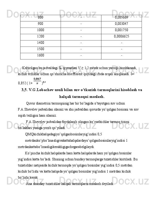 800  -  0,005669 
900  -  0,003047 
1000  -  0,001750 
1200  -  0,0006625 
1400  -  - 
1500  -  - 
1600  -  - 
 
 Keltirilgan bu jadvaldagi S
0  qiymatlari V ≥ 1,2 m/sek uchun yaroqli hisoblanadi, 
kichik tezliklar uchun qo’shimcha koeffisient quyidagi ifoda orqali aniqlanadi. δ= 
0,852 ( 1+   ) 0,3 
3,5. V.G.Lobachev usuli bilan suv o’tkazish tarmoqlarini hisoblash va
halqali tarmoqni moslash.
 Quvur diametrini tarmoqninig har bir bo’lagida o’tayotgan suv uchun 
F.A.Shevelev jadvalidan olamiz va shu jadvaldan quvurda yo’qolgan bosimni va suv 
oqish tezligini ham olamiz. 
 F.A.Shevelev jadvalidan foydalanib olingan ko’rsatkichlar tarmoq tizimi 
bo’laklari yoniga yozib qo’yiladi. 
QMQkichikhalqadagiyo’qolganbosimlaryig’indisi 0,5 
metrdanko’pbo’lmasligivakattahalqalardayo’qolganbosimlaryig’indisi 1 
metrdankattabo’lmasligikerakligigachegarabelgilaydi. 
Ko’pincha kichik halqalarda ham katta halqalarda ham yo’qolgan bosimlar 
yig’indisi katta bo’ladi. Shuning uchun bunday tarmoqlarga tuzatishlar kiritiladi. Bu 
tuzatishlar natijasida kichik tarmoqda yo’qolgan bosimlar yig’indisi 0,5 metrdan 
kichik bo’lishi va katta halqada yo’qolgan bosimlar yig’indisi 1 metrdan kichik 
bo’lishi kerak. 
  Ana shunday tuzatishlar halqali tarmoqlarni moslash deyiladi.