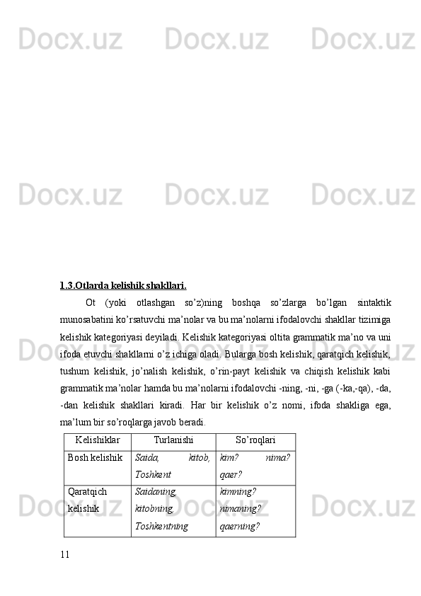 1.3.Otlarda kelishik shakllari.
Ot   (yoki   otlashgan   so’z)ning   boshqa   so’zlarga   bo’lgan   sintaktik
munosabatini ko’rsatuvchi ma’nolar va bu ma’nolarni ifodalovchi shakllar tizimiga
kelishik kategoriyasi deyiladi. Kelishik kategoriyasi oltita grammatik ma’no va uni
ifoda etuvchi shakllarni o’z ichiga oladi. Bularga bosh kelishik, qaratqich kelishik,
tushum   kelishik,   jo’nalish   kelishik,   o’rin-payt   kelishik   va   chiqish   kelishik   kabi
grammatik ma’nolar hamda bu ma’nolarni ifodalovchi -ning, -ni, -ga (-ka,-qa), -da,
-dan   kelishik   shakllari   kiradi.   Har   bir   kelishik   o’z   nomi,   ifoda   shakliga   ega,
ma’lum bir so’roqlarga javob beradi.
Kelishiklar Turlanishi So’roqlari
Bosh kelishik Saida,   kitob,
Toshkent kim?   nima?
qaer?
Qaratqich
kelishik Saidaning,
kitobning,
Toshkentning kimning?
nimaning?
qaerning?
11 