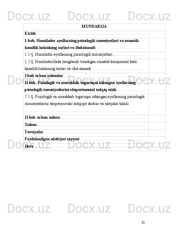 31MUNDARIJA
Kirish ……………………………………………………………………… .
1-bob.  Homilador ayollarning psixologik xususiyatlari  va somatik 
kasallik holatining turlari va ifodalanadi ……………………………… ..
1.1-§. Homilador ayollarning psixologik xususiyatlari ……………………
1.2-§. Homiladorlikda yangilanib turadigan somatik komponent kabi 
kasallik holatining turlari va ifod alanadi.   ……………………………… ..
I-bob uchun xulosalar …………………………………………………… .
II-bob. Fiziologik va murakkab tuguruqni otkazgan ayollarning 
psixologik xususiyatlarini eksperimental tadqiq etish .   ……………… ...
2.1-§. Fiziologik va murakkab tuguruqni otkazgan ayollarning psixologik 
xususiyatlarini eksperimental tadqiqot dasturi va natijalar tahlili.  
………………………………………………………………………
II-bob uchun xulosa ………………………………………………………
Xulosa …………………………………………………………… . ……… ..
Tavsiyalar …………………………………………………………………
Foydalanilgan adabiyot royxati …………………………………………
Ilova ………………………………………………………… . ……………