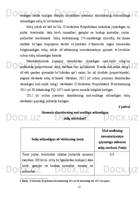 etmagan   holda   tuzilgan   dehqon   xo’jaliklari   jismoniy   shaxslarning   mol-mulkiga
solinadigan soliq to’lovchilaridir. 
Soliq solish ob’ekti bo’lib, O’zbekiston Respublikasi hududida joylashgan uy
joylar,   kvartiralar,   dala   hovli   imoratlari,   garajlar   va   boshqa   imoratlar,   joylar,
inshootlar   hisoblanadi.   Soliq   kodeksining   274-moddasiga   muvofiq,   ko’chmas
mulkka   bo’lgan   huquqlarni   davlat   ro’yxatidan   o’tkazuvchi   organ   tomonidan
belgilanadigan   soliq   solish   ob’ektlarining   inventarizatsiya   qiymati   to’lovchilar
uchun soliq solinadigan bazadir. 
Mamlakatimizda   jismoniy   shaxslardan   olinadigan   mol-mulk   solig’ini
undirishda   proportsional   soliq   stavkasi   turi   qo’llaniladi.   Bunda   mol-mulk   solig’i
ob’ekti   qanday   qiymatda   bo’lishidan   qat’i   nazar,   bir   xil   ulushda   (proportsiyada),
yagona   stavkada   soliq   to’lanadi.   Masalan,   2012   yil   uchun   jismoniy   shaxslardan
olinadigan   mol-mulk   solig’i   stavkalari   O’zbekiston   Respublikasi   Prezidentining
2011 yil 30 dekabrdagi PQ-1675-sonli qarori asosida belgilab berilgan. 
2012   yil   uchun   jismoniy   shaxslarning   mol-mulkiga   solinadigan   soliq
stavkalari quyidagi jadvalda berilgan: 
4-jadval
Jismoniy shaxslarning mol-mulkiga solinadigan 
soliq stavkalari 6
 
 
Soliq solinadigan ob’ektlarning nomi   Mol-mulkning
inventarizatsiya 
qiymatiga nisbatan
soliq stavkasi (%da)  
Turar   joylar,   kvartiralar   (shahar   joylarida   umumiy
maydoni 200 kv.m. ortiq bo’lganlardan tashqari) dala
hovli,   garajlar   va   boshqa   imoratlar,   xonalar   va
inshootlar  0,9 
6  Manba: O’zbekiston Respublikasi Prezidentining 2011 yil 30 dekabrdagi PQ-1675-son qarori 
15