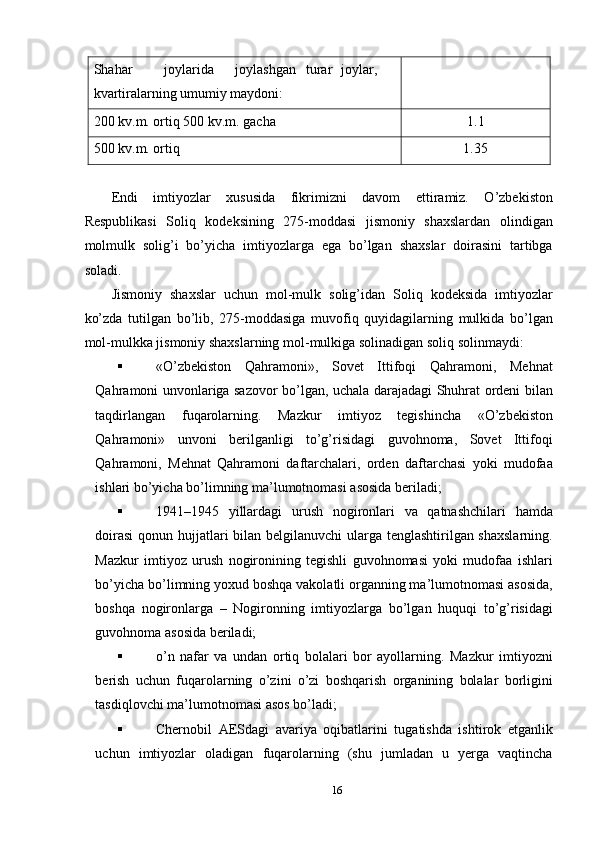 Shahar  joylarida  joylashgan  turar  joylar, 
kvartiralarning umumiy maydoni:   
200 kv.m. ortiq 500 kv.m. gacha  1.1 
500 kv.m. ortiq  1.35 
 
Endi   imtiyozlar   xususida   fikrimizni   davom   ettiramiz.   O’zbekiston
Respublikasi   Soliq   kodeksining   275-moddasi   jismoniy   shaxslardan   olindigan
molmulk   solig’i   bo’yicha   imtiyozlarga   ega   bo’lgan   shaxslar   doirasini   tartibga
soladi. 
Jismoniy   shaxslar   uchun   mol-mulk   solig’idan   Soliq   kodeksida   imtiyozlar
ko’zda   tutilgan   bo’lib,   275-moddasiga   muvofiq   quyidagilarning   mulkida   bo’lgan
mol-mulkka jismoniy shaxslarning mol-mulkiga solinadigan soliq solinmaydi: 
 «O’zbekiston   Qahramoni»,   Sovet   Ittifoqi   Qahramoni,   Mehnat
Qahramoni unvonlariga sazovor bo’lgan, uchala darajadagi Shuhrat ordeni bilan
taqdirlangan   fuqarolarning.   Mazkur   imtiyoz   tegishincha   «O’zbekiston
Qahramoni»   unvoni   berilganligi   to’g’risidagi   guvohnoma,   Sovet   Ittifoqi
Qahramoni,   Mehnat   Qahramoni   daftarchalari,   orden   daftarchasi   yoki   mudofaa
ishlari bo’yicha bo’limning ma’lumotnomasi asosida beriladi; 
 1941–1945   yillardagi   urush   nogironlari   va   qatnashchilari   hamda
doirasi  qonun hujjatlari  bilan belgilanuvchi  ularga tenglashtirilgan shaxslarning.
Mazkur   imtiyoz   urush   nogironining   tegishli   guvohnomasi   yoki   mudofaa   ishlari
bo’yicha bo’limning yoxud boshqa vakolatli organning ma’lumotnomasi asosida,
boshqa   nogironlarga   –   Nogironning   imtiyozlarga   bo’lgan   huquqi   to’g’risidagi
guvohnoma asosida beriladi; 
 o’n   nafar   va   undan   ortiq   bolalari   bor   ayollarning.   Mazkur   imtiyozni
berish   uchun   fuqarolarning   o’zini   o’zi   boshqarish   organining   bolalar   borligini
tasdiqlovchi ma’lumotnomasi asos bo’ladi; 
 Chernobil   AESdagi   avariya   oqibatlarini   tugatishda   ishtirok   etganlik
uchun   imtiyozlar   oladigan   fuqarolarning   (shu   jumladan   u   yerga   vaqtincha
16  
  