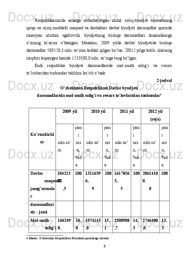 Respublikamizda   amalga   oshirilayotgan   izchil   soliq-byudjet   siyosatining
qisqa   va   uzoq  muddatli   maqsad   va  dastaklari   davlat   byudjeti   daromadlar   qismida
muayyan   ulushni   egallovchi   byudjetning   boshqa   daromadlari   dinamikasiga
o’zining   ta’sirini   o’tkazgan.   Masalan,   2009   yilda   davlat   byudjetida   boshqa
daromadlar 589120,3 mln. so’mni tashkil qilgan bo’lsa, 20012 yilga kelib, ularning
miqdori kupaygan hamda 1233500,0 mln. so’mga teng bo’lgan. 
Endi   respublika   byudjeti   daromadlarida   mol-mulk   solig’i   va   resurs
to’lovlaridan tushumlar tahlilini ko’rib o’tsak: 
2-jadval
O’zbekiston Respublikasi Davlat byudjeti 
daromadlarida mol-mulk solig’i va resurs to’lovlaridan tushumlar 4
 
 
Ko’rsatkichl
ar  2009 yil  2010 yil  2011 yil  2012 yil
(reja) 
mln.so’
m  jam
i
nis
n, 
%d
a  mln.so’
m  jam
i
nis
n, 
%d
a  mln.so’
m  jam
i 
nis
n, 
%d
a  mln.so’
m  jam
i 
nis
n, 
%d
a 
Davlat 
maqsadli 
jamg’armala
r  104213
82
,5  100  1311639
6,
9  100 1617856
3,
5  100 2061410
0.
0  100 
daromadlari
siz - jami 
Mol-mulk 
solig’i  166249
8, 16,
0  1974143
,8  15,
1  2308908
,7  14,
3  2746400
,0  13,
3 
4  Manba: O’zbekiston Respublikasi Prezidenti qarorlariga ilovalar 
8  
  