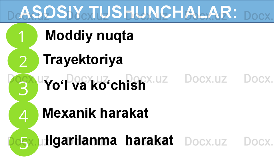 Mexanik harakat1
2
3     ASOSIY TUSHUNCHALAR:
4 Moddiy nuqta
Yo‘l va ko‘chishTrayektoriya 
5 Ilgarilanma  harakat