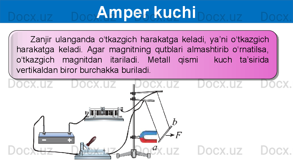 Amper kuchi
        Zanjir  ulanganda  o‘tkazgich  harakatga  keladi,  ya’ni  o‘tkazgich 
harakatga  keladi.  Agar  magnitning  qutblari  almashtirib  o‘rnatilsa, 
o‘tkazgich  magnitdan  itariladi.  Metall  qismi    kuch  ta’sirida 
vertikaldan biror burchakka buriladi.  