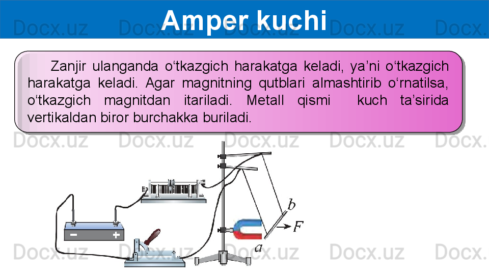 Amper kuchi
        Zanjir  ulanganda  o‘tkazgich  harakatga  keladi,  ya’ni  o‘tkazgich 
harakatga  keladi.  Agar  magnitning  qutblari  almashtirib  o‘rnatilsa, 
o‘tkazgich  magnitdan  itariladi.  Metall  qismi    kuch  ta’sirida 
vertikaldan biror burchakka buriladi.