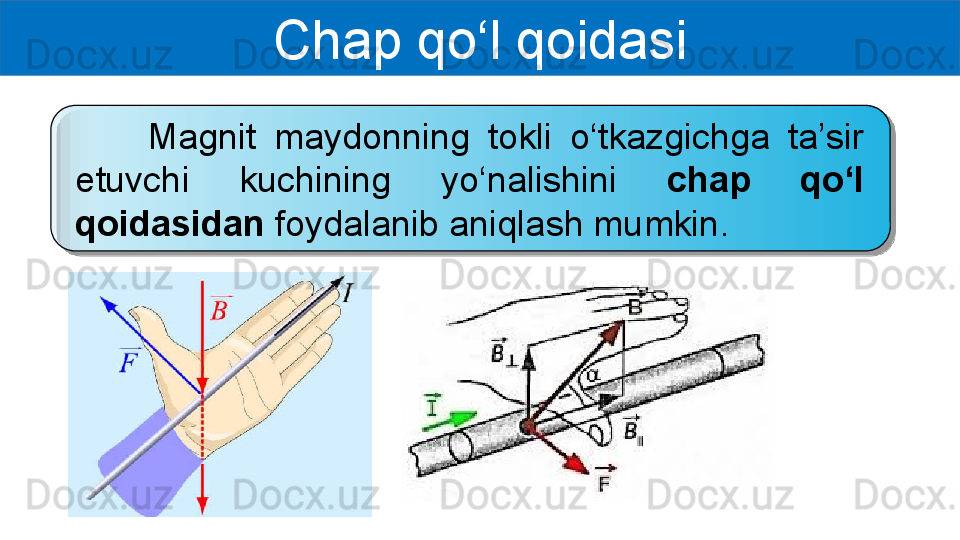 Chap qo‘l qoidasi
        Magnit  maydonning  tokli  o‘tkazgichga  ta’sir 
etuvchi  kuchining  yo‘nalishini  chap  qo‘l 
qoidasidan  foydalanib aniqlash mumkin.  