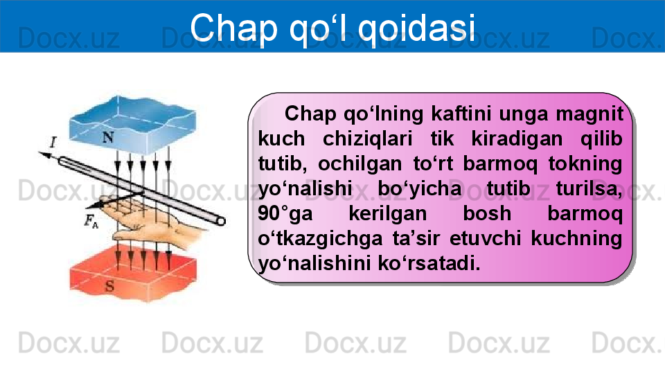 Chap qo‘l qoidasi
       Chap qo‘lning kaftini unga magnit 
kuch  chiziqlari  tik  kiradigan  qilib 
tutib,  ochilgan  to‘rt  barmoq  tokning 
yo‘nalishi  bo‘yicha  tutib  turilsa, 
90 ° ga  kerilgan  bosh  barmoq 
o‘tkazgichga  ta’sir  etuvchi  kuchning 
yo‘nalishini ko‘rsatadi.  