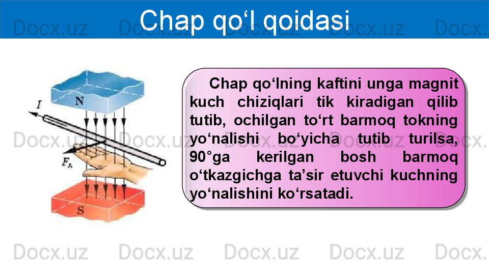 Chap qo‘l qoidasi
       Chap qo‘lning kaftini unga magnit 
kuch  chiziqlari  tik  kiradigan  qilib 
tutib,  ochilgan  to‘rt  barmoq  tokning 
yo‘nalishi  bo‘yicha  tutib  turilsa, 
90 ° ga  kerilgan  bosh  barmoq 
o‘tkazgichga  ta’sir  etuvchi  kuchning 
yo‘nalishini ko‘rsatadi.