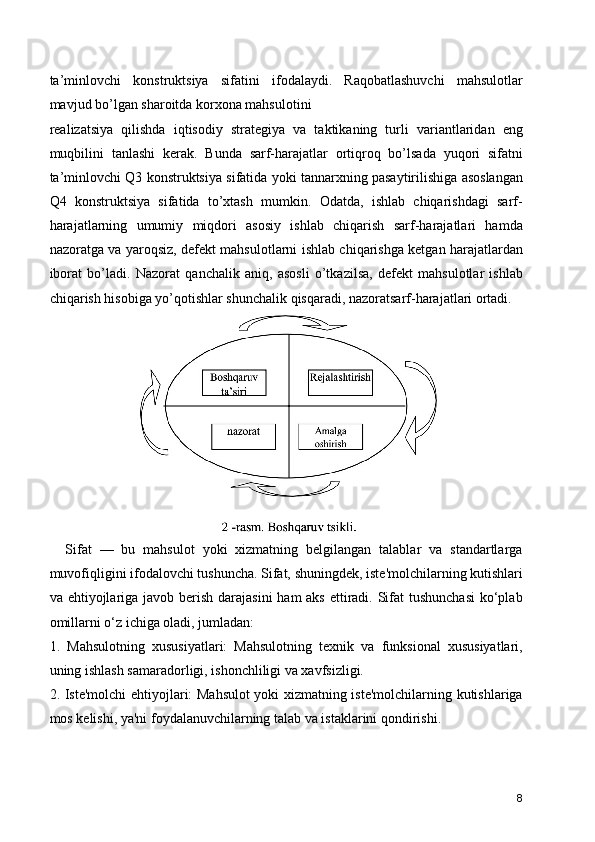 ta’minlovchi   konstruktsiya   sifatini   ifodalaydi.   Raqobatlashuvchi   mahsulotlar
mavjud bo’lgan sharoitda korxona mahsulotini
realizatsiya   qilishda   iqtisodiy   strategiya   va   taktikaning   turli   variantlaridan   eng
muqbilini   tanlashi   kerak.   Bunda   sarf-harajatlar   ortiqroq   bo’lsada   yuqori   sifatni
ta’minlovchi Q3 konstruktsiya sifatida yoki tannarxning pasaytirilishiga asoslangan
Q4   konstruktsiya   sifatida   to’xtash   mumkin.   Odatda,   ishlab   chiqarishdagi   sarf-
harajatlarning   umumiy   miqdori   asosiy   ishlab   chiqarish   sarf-harajatlari   hamda
nazoratga va yaroqsiz, defekt mahsulotlarni ishlab chiqarishga ketgan harajatlardan
iborat   bo’ladi.   Nazorat   qanchalik   aniq,   asosli   o’tkazilsa,   defekt   mahsulotlar   ishlab
chiqarish hisobiga yo’qotishlar shunchalik qisqaradi, nazoratsarf-harajatlari ortadi.
    Sifat   —   bu   mahsulot   yoki   xizmatning   belgilangan   talablar   va   standartlarga
muvofiqligini ifodalovchi tushuncha. Sifat, shuningdek, iste'molchilarning kutishlari
va ehtiyojlariga javob berish darajasini  ham aks ettiradi. Sifat tushunchasi  ko‘plab
omillarni o‘z ichiga oladi, jumladan:
1.   Mahsulotning   xususiyatlari:   Mahsulotning   texnik   va   funksional   xususiyatlari,
uning ishlash samaradorligi, ishonchliligi va xavfsizligi.
2. Iste'molchi ehtiyojlari: Mahsulot  yoki xizmatning iste'molchilarning kutishlariga
mos kelishi, ya'ni foydalanuvchilarning talab va istaklarini qondirishi.
8 
