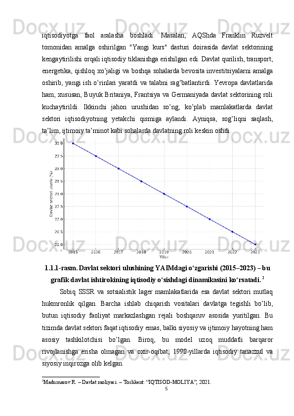 iqtisodiyotga   faol   aralasha   boshladi.   Masalan,   AQShda   Franklin   Ruzvelt
tomonidan   amalga   oshirilgan   "Yangi   kurs"   dasturi   doirasida   davlat   sektorining
kengaytirilishi orqali iqtisodiy tiklanishga erishilgan edi. Davlat qurilish, transport,
energetika, qishloq xo’jaligi va boshqa sohalarda bevosita investitsiyalarni amalga
oshirib, yangi  ish o’rinlari  yaratdi va talabni rag’batlantirdi. Yevropa davlatlarida
ham, xususan, Buyuk Britaniya, Frantsiya va Germaniyada davlat sektorining roli
kuchaytirildi.   Ikkinchi   jahon   urushidan   so’ng,   ko’plab   mamlakatlarda   davlat
sektori   iqtisodiyotning   yetakchi   qismiga   aylandi.   Ayniqsa,   sog’liqni   saqlash,
ta’lim, ijtimoiy ta’minot kabi sohalarda davlatning roli keskin oshdi.
1.1.1-rasm.   Davlat sektori ulushining YAIMdagi o‘zgarishi (2015–2023) – bu
grafik davlat ishtirokining iqtisodiy o‘sishdagi dinamikasini ko‘rsatadi.   2
Sobiq   SSSR   va   sotsialistik   lager   mamlakatlarida   esa   davlat   sektori   mutlaq
hukmronlik   qilgan.   Barcha   ishlab   chiqarish   vositalari   davlatga   tegishli   bo’lib,
butun   iqtisodiy   faoliyat   markazlashgan   rejali   boshqaruv   asosida   yuritilgan.   Bu
tizimda davlat sektori faqat iqtisodiy emas, balki siyosiy va ijtimoiy hayotning ham
asosiy   tashkilotchisi   bo’lgan.   Biroq,   bu   model   uzoq   muddatli   barqaror
rivojlanishga   erisha   olmagan   va   oxir-oqibat,   1990-yillarda   iqtisodiy   tanazzul   va
siyosiy inqirozga olib kelgan.
2
Madumarov R. – Davlat moliyasi. – Toshkent: “IQTISOD-MOLIYA”, 2021.
5