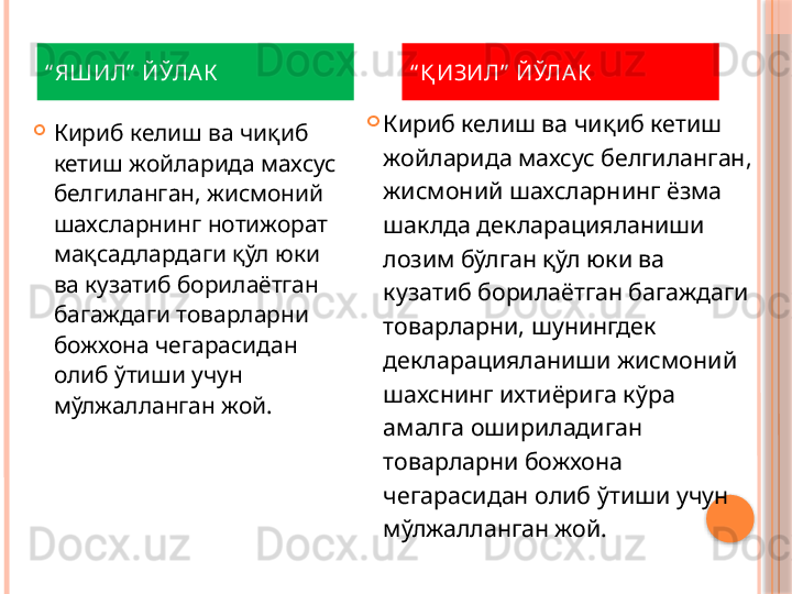 
Кириб келиш ва чиқиб 
кетиш жойларида махсус 
белгиланган, жисмоний 
шахсларнинг нотижорат 
мақсадлардаги қўл юки 
ва кузатиб борилаётган 
багаждаги товарларни 
божхона чегарасидан 
олиб ўтиши учун 
мўлжалланган жой. 
Кириб келиш ва чиқиб кетиш 
жойларида махсус белгиланган, 
жисмоний шахсларнинг ёзма 
шаклда декларацияланиши 
лозим бўлган қўл юки ва 
кузатиб борилаётган багаждаги 
товарларни, шунингдек 
декларацияланиши жисмоний 
шахснинг ихтиёрига кўра 
амалга ошириладиган 
товарларни божхона 
чегарасидан олиб ўтиши учун 
мўлжалланган жой.“ ЯШИЛ”  ЙЎЛА К “ Қ ИЗИЛ”  ЙЎЛА К     