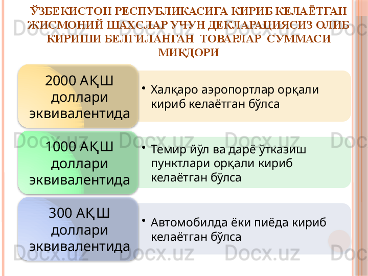 •
Халқаро аэропортлар орқали 
кириб келаётган бўлса2000 АҚ Ш 
доллари
эквивалентида
•
Темир йўл ва дарё ўтказиш 
пунктлари орқали кириб 
келаётган бўлса 1000 АҚ Ш 
доллари 
эквивалентида 
•
Автомобилда ёки пиёда кириб 
келаётган бўлса300 АҚ Ш 
доллари 
эквивалентида  ЎЗБЕКИСТОН РЕСПУБЛИКАСИГА КИРИБ КЕЛАЁТГАН 
ЖИСМОНИЙ ШАХСЛАР УЧУН ДЕКЛАРАЦИЯСИЗ ОЛИБ 
КИРИШИ БЕЛГИЛАНГАН  ТОВАРЛАР  СУММАСИ 
МИҚДОРИ              