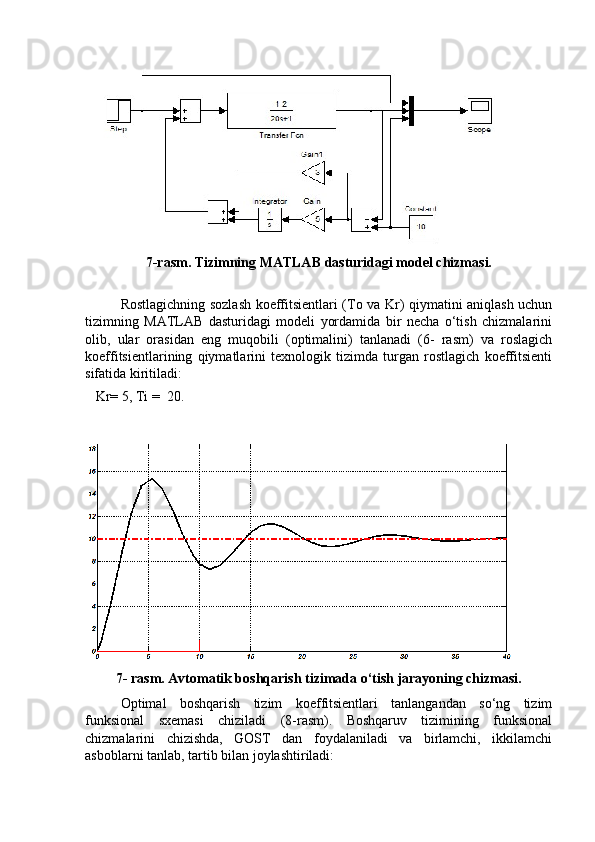7-rasm. Tizimning MATLAB dasturidagi model chizmasi.
Rostlagichning sozlash koeffitsientlari (To va Kr) qiymatini aniqlash uchun
tizimning   MATLAB   dasturidagi   modeli   yordamida   bir   necha   o‘tish   chizmalarini
olib,   ular   orasidan   eng   muqobili   (optimalini)   tanlanadi   (6-   rasm)   va   roslagich
koeffitsientlarining   qiymatlarini   texnologik   tizimda   turgan   rostlagich   koeffitsienti
sifatida kiritiladi: 
Kr= 5, Ti =  20.
7- rasm. Avtomatik boshqarish tizimada o‘tish jarayoning chizmasi.
Optimal   boshqarish   tizim   koeffitsientlari   tanlangandan   so‘ng   tizim
funksional   sxemasi   chiziladi   (8-rasm).   Boshqaruv   tizimining   funksional
chizmalarini   chizishda,   GOST   dan   foydalaniladi   va   birlamchi,   ikkilamchi
asboblarni tanlab, tartib bilan joylashtiriladi:          
