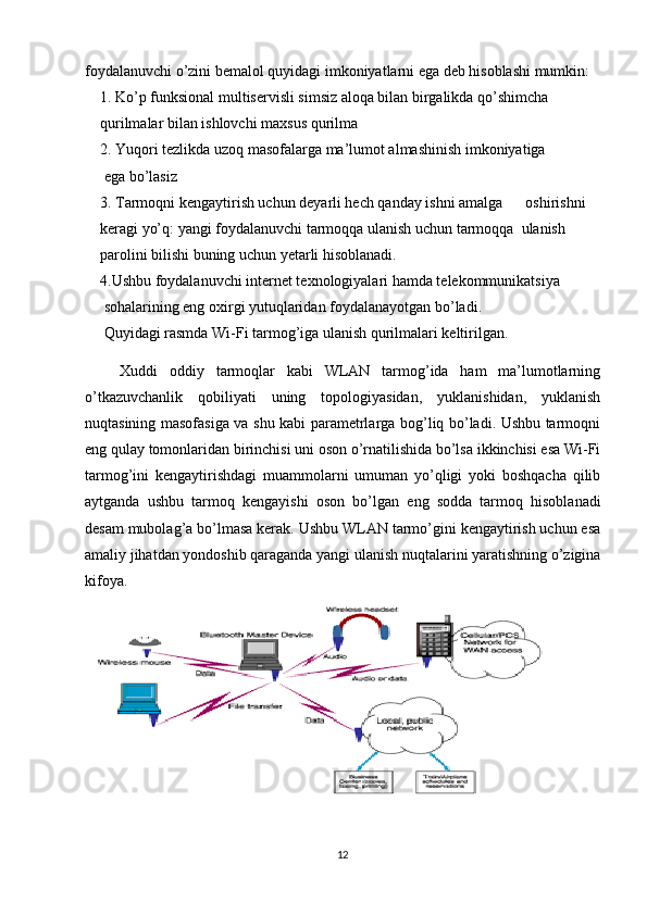 foydalanuvchi o’zini bemalol quyidagi imkoniyatlarni ega deb hisoblashi mumkin: 
    1. Ko’p funksional multiservisli simsiz aloqa bilan birgalikda qo’shimcha
    qurilmalar bilan ishlovchi maxsus qurilma
    2. Yuqori tezlikda uzoq masofalarga ma’lumot almashinish imkoniyatiga
     ega bo’lasiz
    3. Tarmoqni kengaytirish uchun deyarli hech qanday ishni amalga      oshirishni
    keragi yo’q: yangi foydalanuvchi tarmoqqa ulanish uchun tarmoqqa  ulanish
    parolini bilishi buning uchun yetarli hisoblanadi.
    4.Ushbu foydalanuvchi internet texnologiyalari hamda telekommunikatsiya
     sohalarining eng oxirgi yutuqlaridan foydalanayotgan bo’ladi.
     Quyidagi rasmda Wi-Fi tarmog’iga ulanish qurilmalari keltirilgan.
      Xuddi   oddiy   tarmoqlar   kabi   WLAN   tarmog’ida   ham   ma’lumotlarning
o’tkazuvchanlik   qobiliyati   uning   topologiyasidan,   yuklanishidan,   yuklanish
nuqtasining masofasiga va shu kabi parametrlarga bog’liq bo’ladi. Ushbu tarmoqni
eng qulay tomonlaridan birinchisi uni oson o’rnatilishida bo’lsa ikkinchisi esa Wi-Fi
tarmog’ini   kengaytirishdagi   muammolarni   umuman   yo’qligi   yoki   boshqacha   qilib
aytganda   ushbu   tarmoq   kengayishi   oson   bo’lgan   eng   sodda   tarmoq   hisoblanadi
desam mubolag’a bo’lmasa kerak. Ushbu WLAN tarmo’gini kengaytirish uchun esa
amaliy jihatdan yondoshib qaraganda yangi ulanish nuqtalarini yaratishning o’zigina
kifoya. 
12 