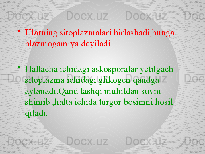 •
Ularning sitoplazmalari birlashadi,bunga 
plazmogamiya deyiladi.
•
Haltacha ichidagi askosporalar yetilgach 
sitoplazma ichidagi glikogen qandga 
aylanadi.Qand tashqi muhitdan suvni 
shimib ,halta ichida turgor bosimni hosil 
qiladi. 