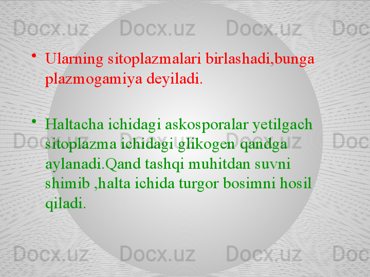 •
Ularning sitoplazmalari birlashadi,bunga 
plazmogamiya deyiladi.
•
Haltacha ichidagi askosporalar yetilgach 
sitoplazma ichidagi glikogen qandga 
aylanadi.Qand tashqi muhitdan suvni 
shimib ,halta ichida turgor bosimni hosil 
qiladi.