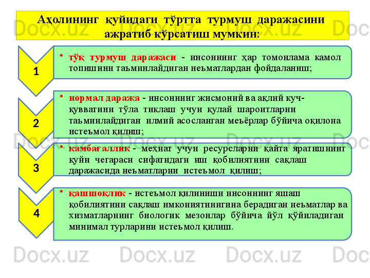 Аҳолининг  қуйидаги  тўртта  турмуш  даражасини  
ажратиб кўрсатиш мумкин:
1 •
тўқ  турмуш  даражаси   -  инсоннинг  ҳар  томонлама  камол 
топишини таъминлайдиган неъматлардан фойдаланиш;
2 •
нормал даража  - инсоннинг жисмоний ва ақлий куч-
қувватини  тўла  тиклаш  учун  қулай  шароитларни  
таъминлайдиган  илмий асосланган меъёрлар бўйича оқилона 
истеъмол қилиш;
3 •
камбағаллик  -  меҳнат  учун  ресурсларни  қайта  яратишнинг  
қуйи  чегараси  сифатидаги  иш  қобилиятини  сақлаш  
даражасида неъматларни  истеъмол  қилиш;
4 •
қашшоқлик  - истеъмол қилиниши инсоннинг яшаш 
қобилиятини сақлаш имкониятинигина берадиган неъматлар ва 
хизматларнинг  биологик  мезонлар  бўйича  йўл  қўйиладиган  
минимал турларини истеъмол қилиш.