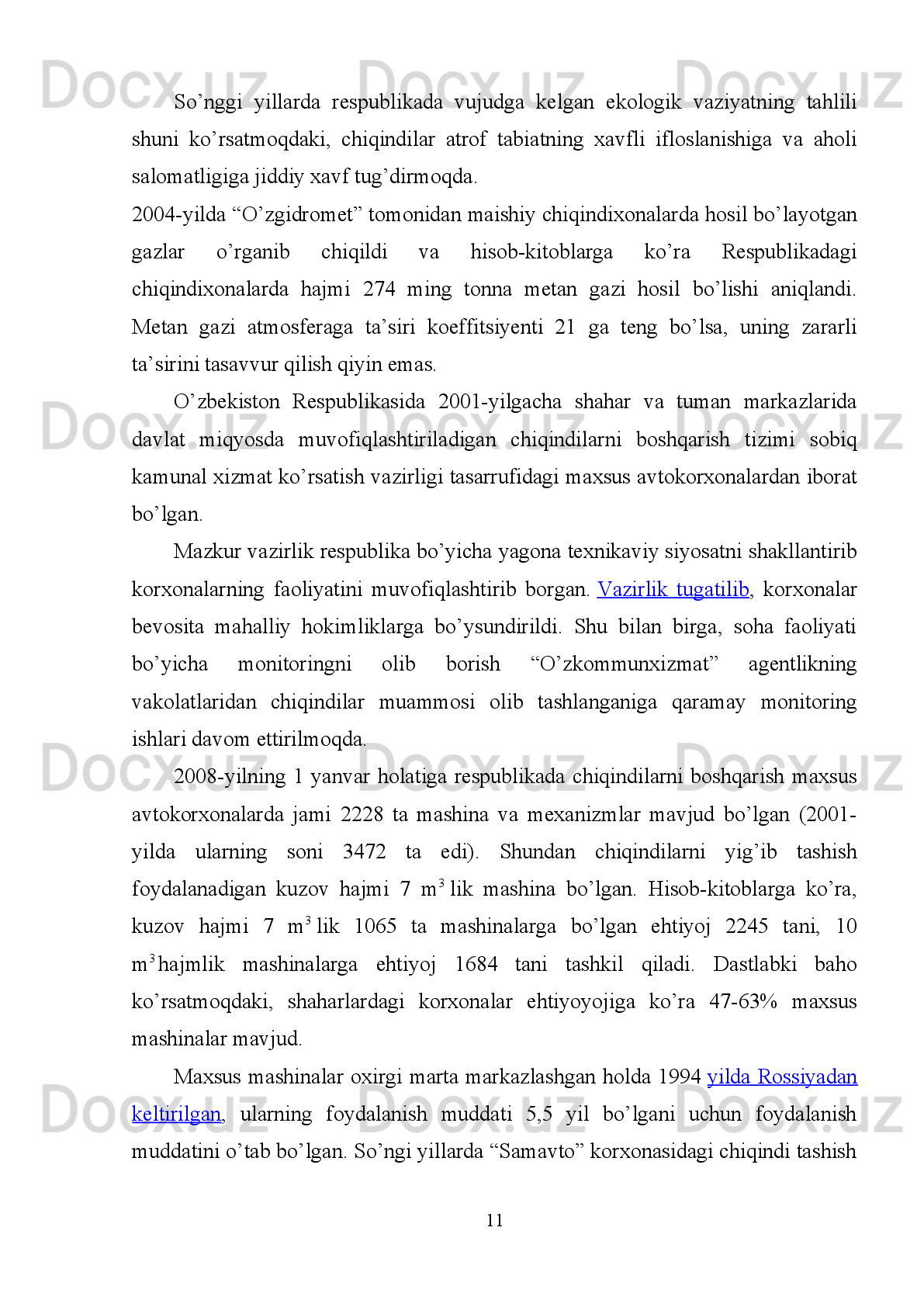 Kirish
Ilmiy-texnik  taraqqiyotning  rivojlangan  davrida  tabiat   va  jamiyatning  o’zaro
ta’siri   bilan   bog’liq   bo’lgan   muammolar ,   asosiy   va   murakkab   muammolar   bo’lib
bormoqda.   Shulardan   biri   geografik   muhitning   qattiq   sanoat   chiqindi   moddalari
bilan ifloslanishi va uni oldini olish muammosidir.
Ilmiy-texnik   taraqqiyot   sanoat   korxonalarida   texnikani,   ishlab   chiqarish
texnologiyasini   uzluksiz   takomillashtirishda ,   ijtimoiy   mehnat   mahsuldorligining
o’sishiga   va   ish   sharoitlarining   yaxshilanishiga   olib   keluvchi   mehnatni   va
boshqarishni tashkil etishda namoyon bo’ladi. Texnologik jarayonlar o’zgaruvchan
bo’lib,   texnika   taraqqiy   etgan   sari   to’xtovsiz   ravishda   ratsionallashtirib   boriladi.
Chiqindilarni o’z vaqtida yig’ishtirib olib, zararsizlantirilsa,   qayta ishlansa , aholiga
maqbul sharoit yaratilib, ekologik xavfsizlik ta’minlangan bo’lar edi. Shahar yoki
hudud   miqyosida   chiqindilarni   yig’ib   olish   tizimini   takomillashtirilish   tegishli
xizmatlar   faoliyatini   muvofiqlashtirishga   bog’liq.   Zamonaviy   va   samarali
boshqariladigan chiqindilarni  yig’ib olish tizimi  fuqarolar  orasida kasallanishning
oldini olish bilan birga ularning yashash va mehnat qilish sharoitlarini yaxshilaydi.
Chiqindilar   hosil   bo’lgan   joyga,   morfologik   tarkibiga   ko’ra   uch   turga
bo’linadi:
 maishiy chiqindilar yoki uy-joy fondida hosil bo’lgan   chiqindilar ;  
 sanoat chiqindilari yoki ishlab chiqarishda hosil bo’lgan chiqindilar;  
 qishloq   xo’jaligi   chiqindilari ,   yani   qishloq   xo’jaligi   mahsulotlarini
etishtirishda hosil bo’ladigan chiqindilar;  
Shu   bilan   birga   aholi   va   atrof   tabiatga   ta’siri   bo’yicha   chiqindilar   toksik
(xavfliligi)   jihatidan klassifikatsiyalanadi.  Ma’lumki,  chiqindilar   muammosini  hal
qilishga sarflanadigan umumiy xarajatlarning yarmidan ko’pi, odatda, ularni yig’ib
olish va tashib ketish xarajatlarini tashkil  qiladi.   Ammo chiqindilarni yig’ib olish
ishlarining samarali va rejali tashkil qilishini atrof-muhit toza saqlanishi bilan birga
va iqtisodiy foydaga olib keladi.  
3